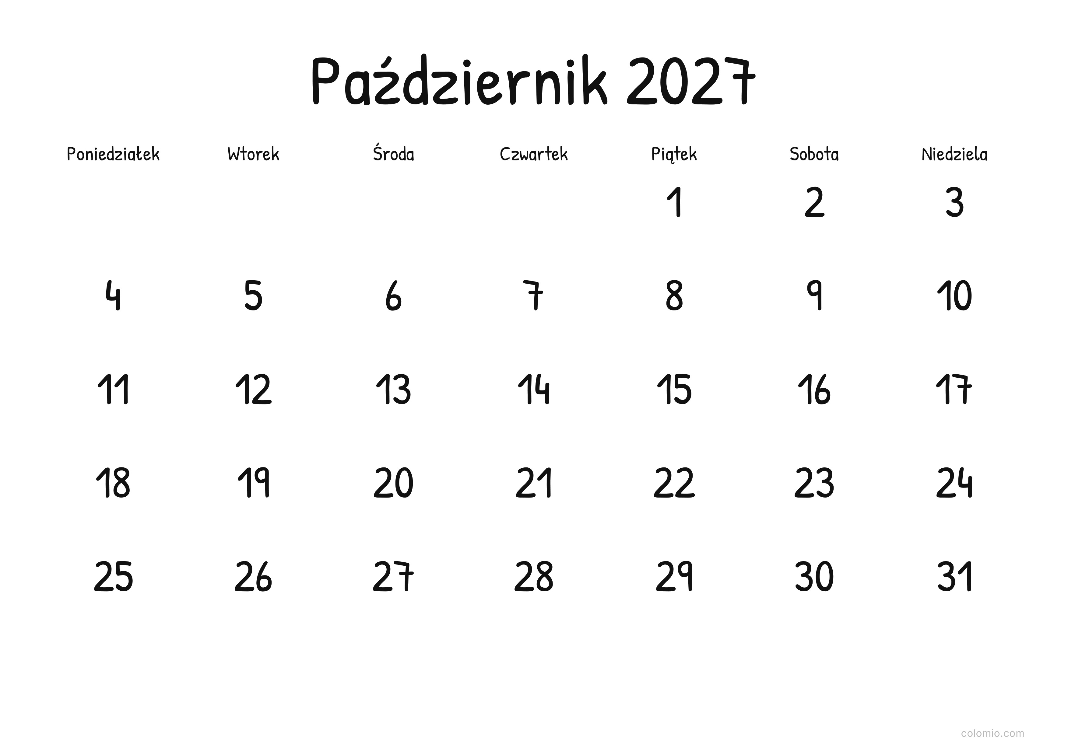 Kalendarz Październik 2027 display · poziomy, PDF do druku