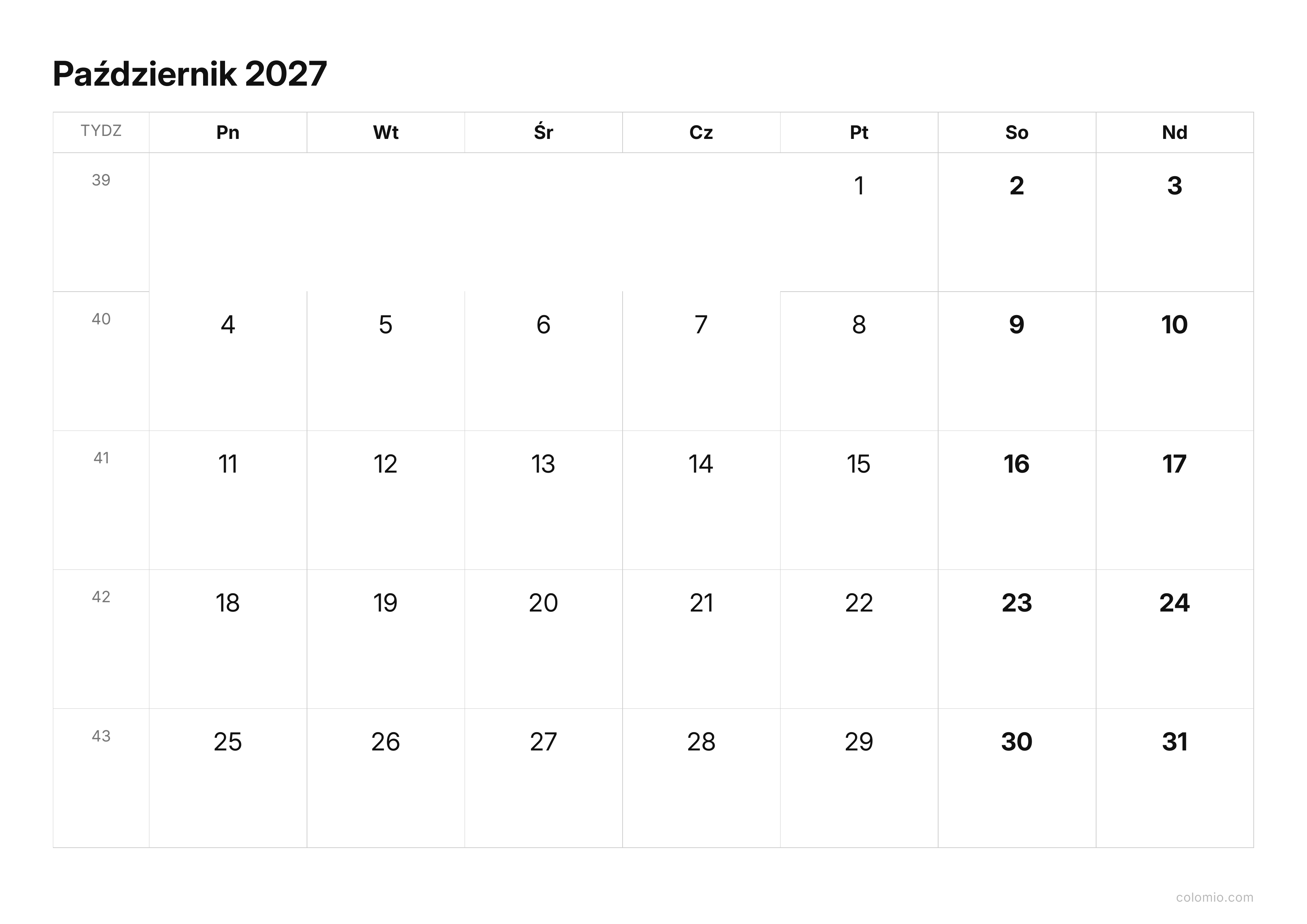 Kalendarz Październik 2027 kompaktowy · poziomy, PDF do druku
