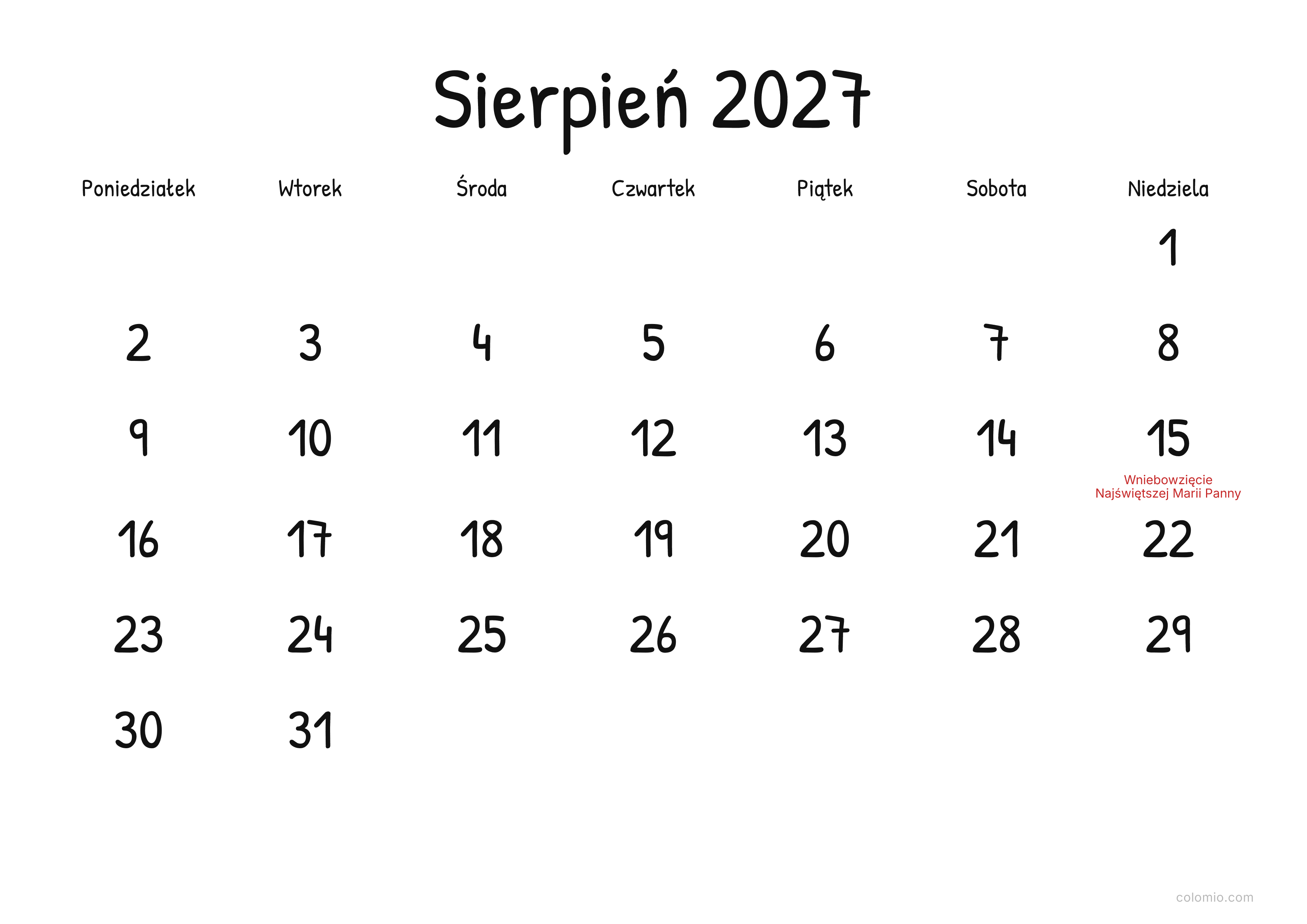 Kalendarz Sierpień 2027 display · poziomy, PDF do druku