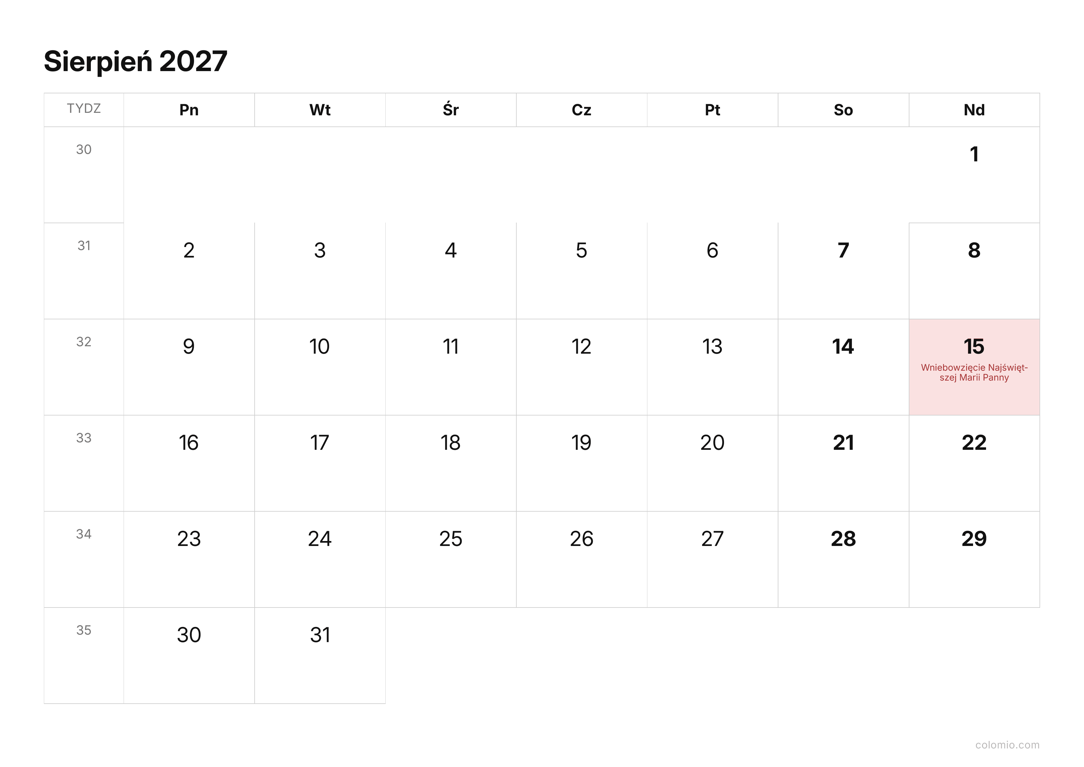 Kalendarz Sierpień 2027 kompaktowy · poziomy, PDF do druku