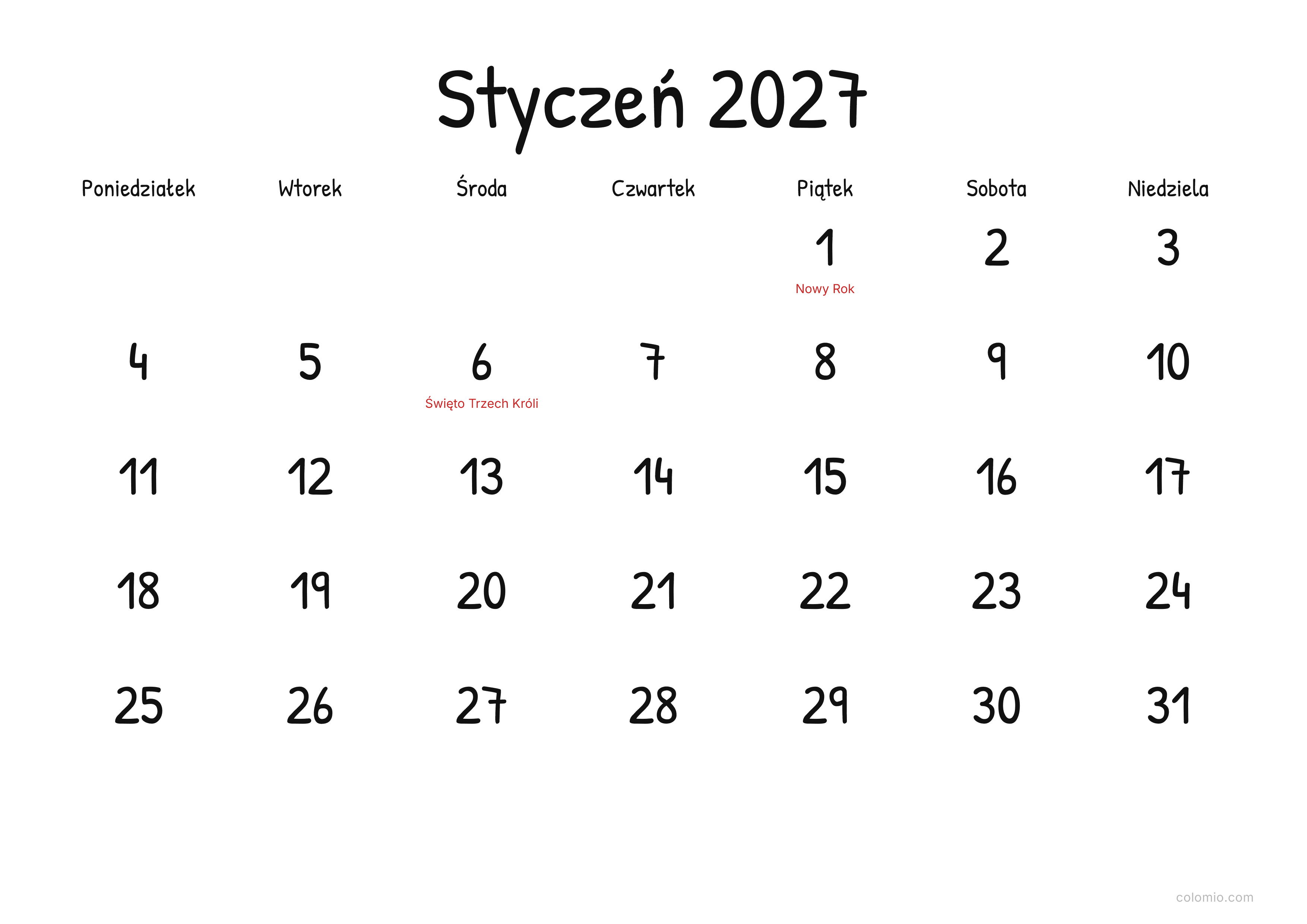 Kalendarz Styczeń 2027 display · poziomy, PDF do druku