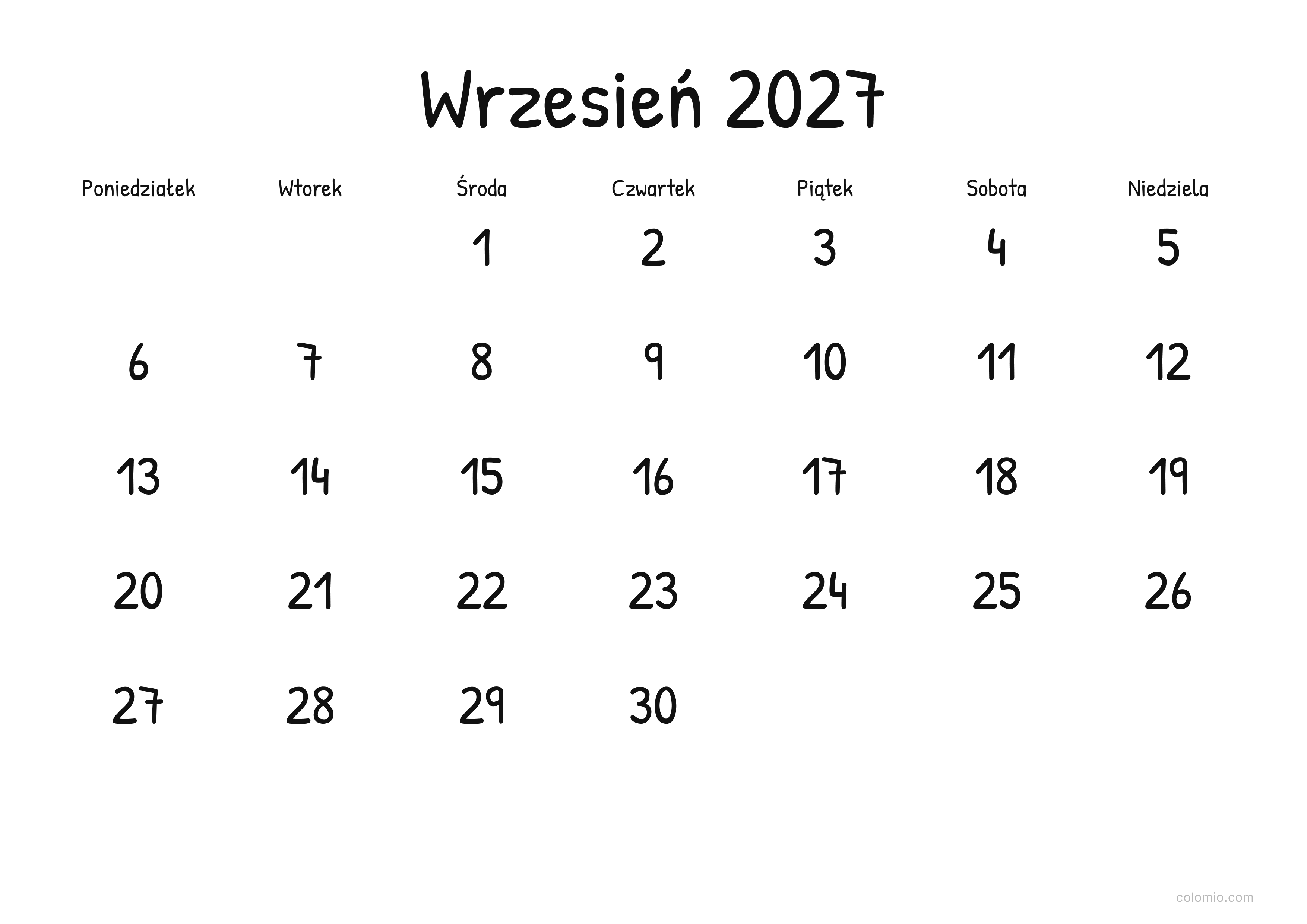 Kalendarz Wrzesień 2027 display · poziomy, PDF do druku
