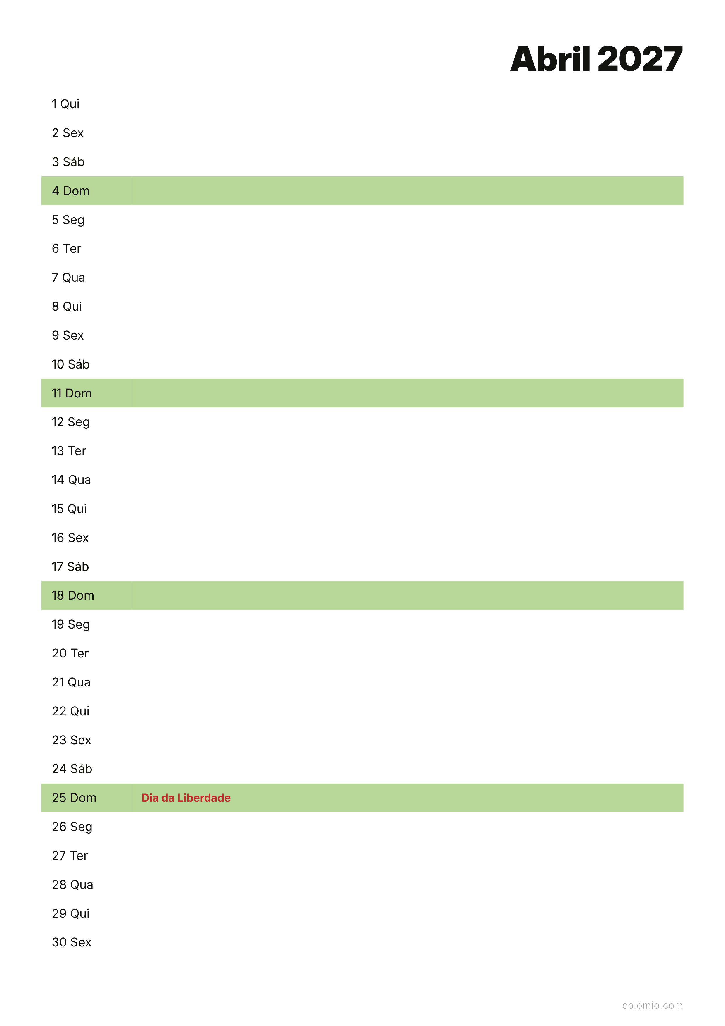 Calendário Abril 2027 agenda · vertical, PDF para imprimir