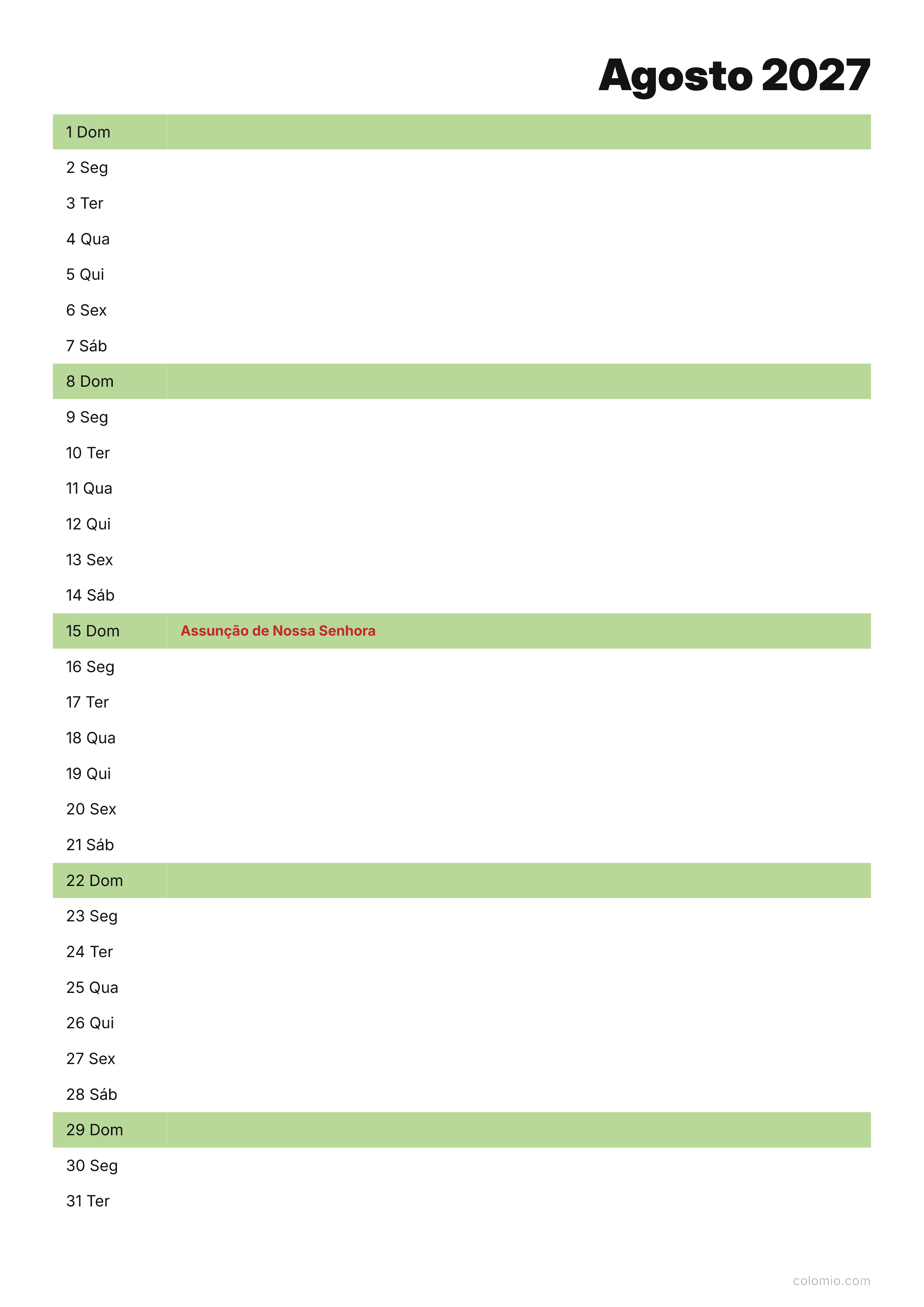 Calendário Agosto 2027 agenda · vertical, PDF para imprimir
