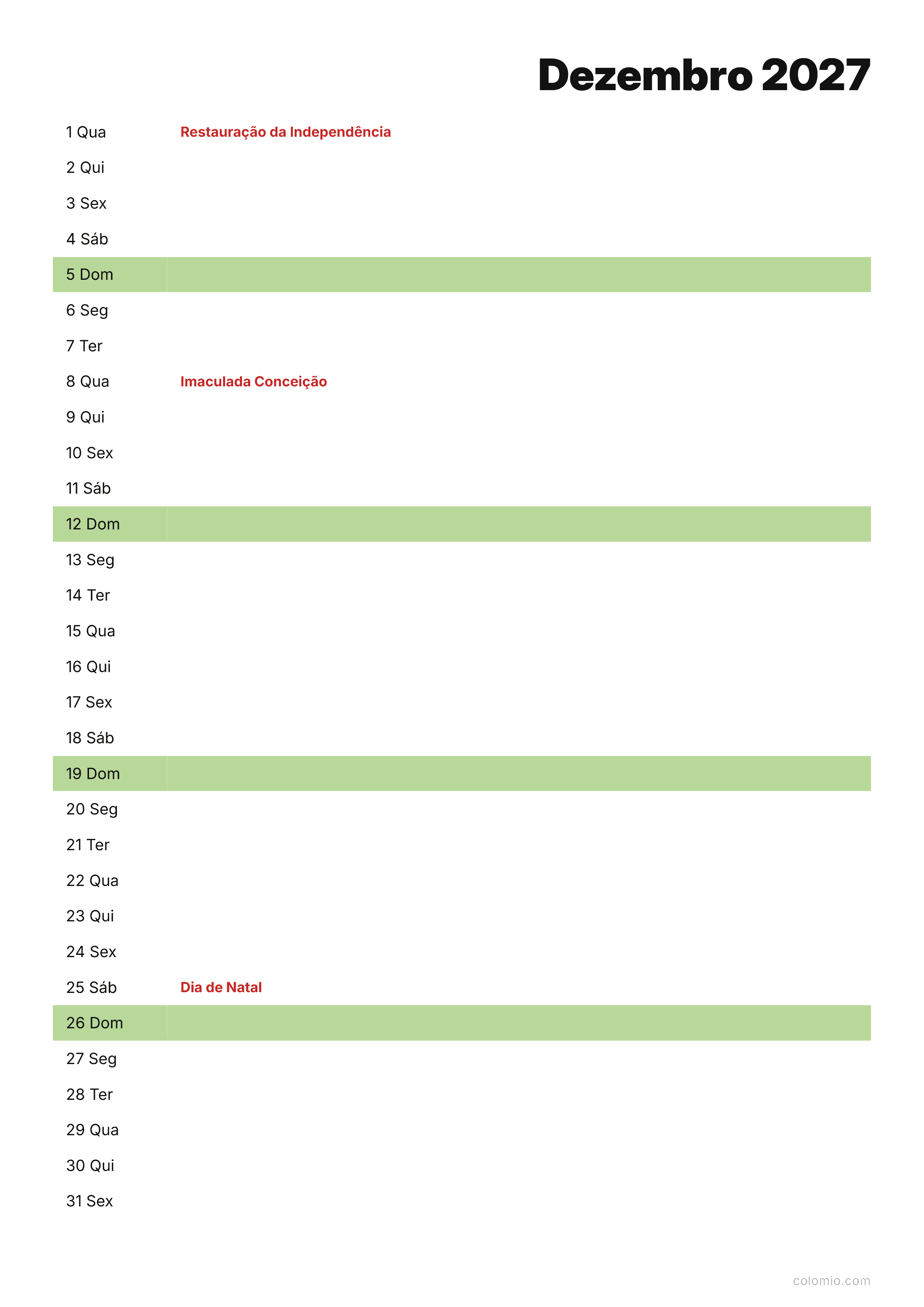 Calendário Dezembro 2027 agenda · vertical, PDF para imprimir