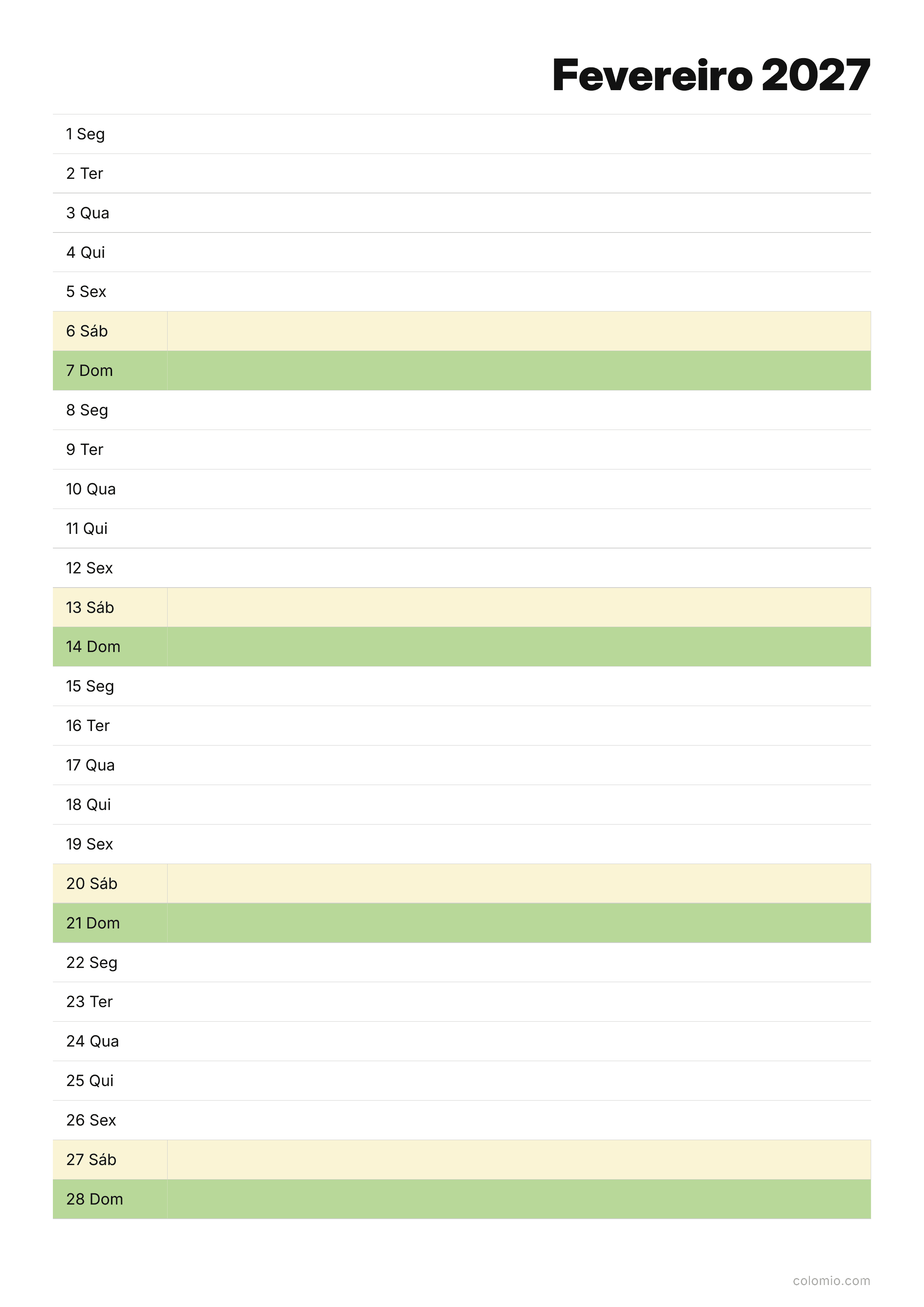 Calendário Fevereiro 2027 agenda · vertical, PDF para imprimir