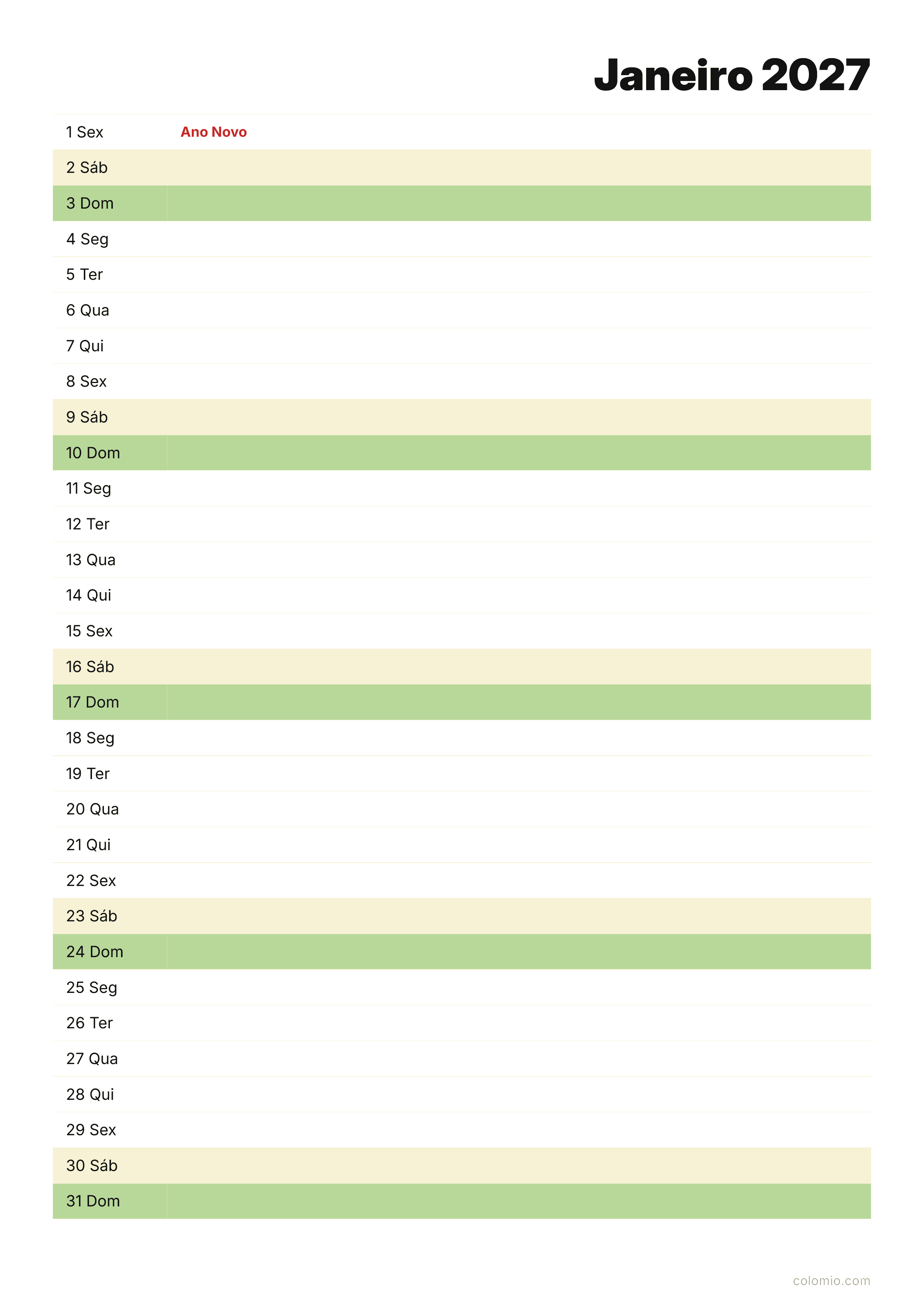 Calendário Janeiro 2027 agenda · vertical, PDF para imprimir