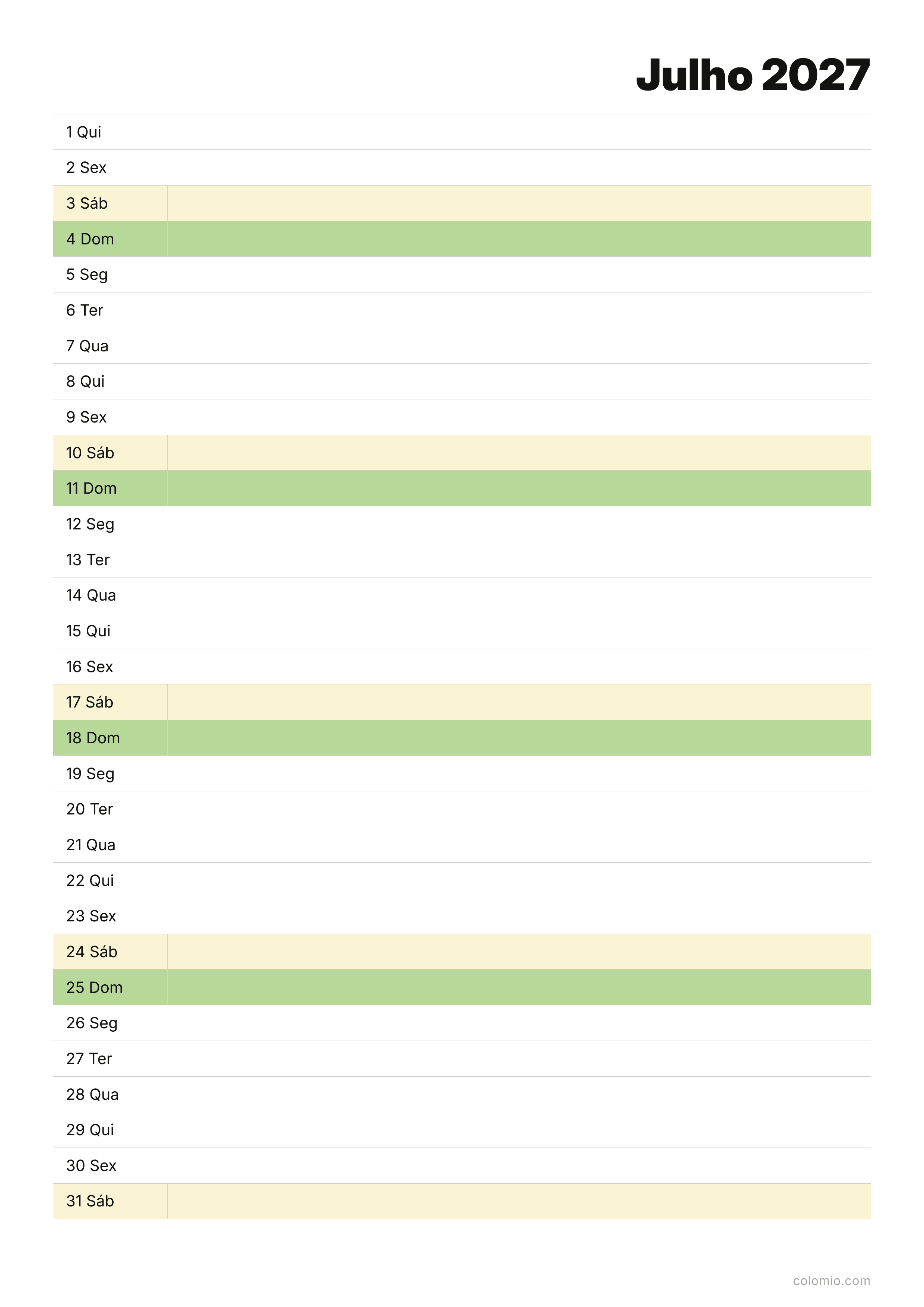 Calendário Julho 2027 agenda · vertical, PDF para imprimir