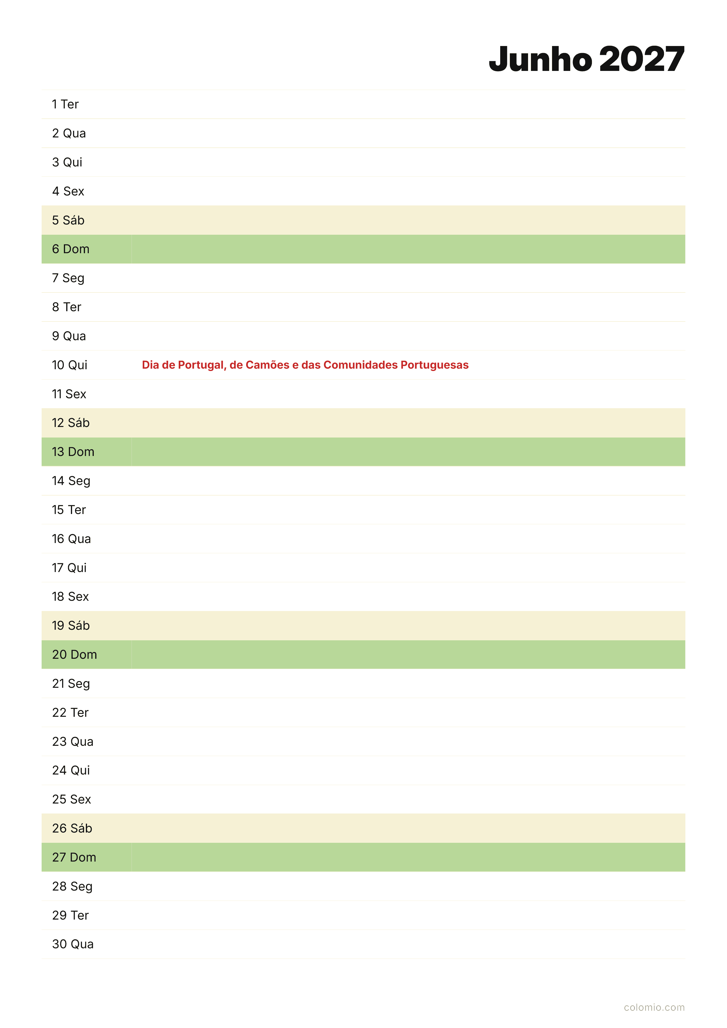 Calendário Junho 2027 agenda · vertical, PDF para imprimir