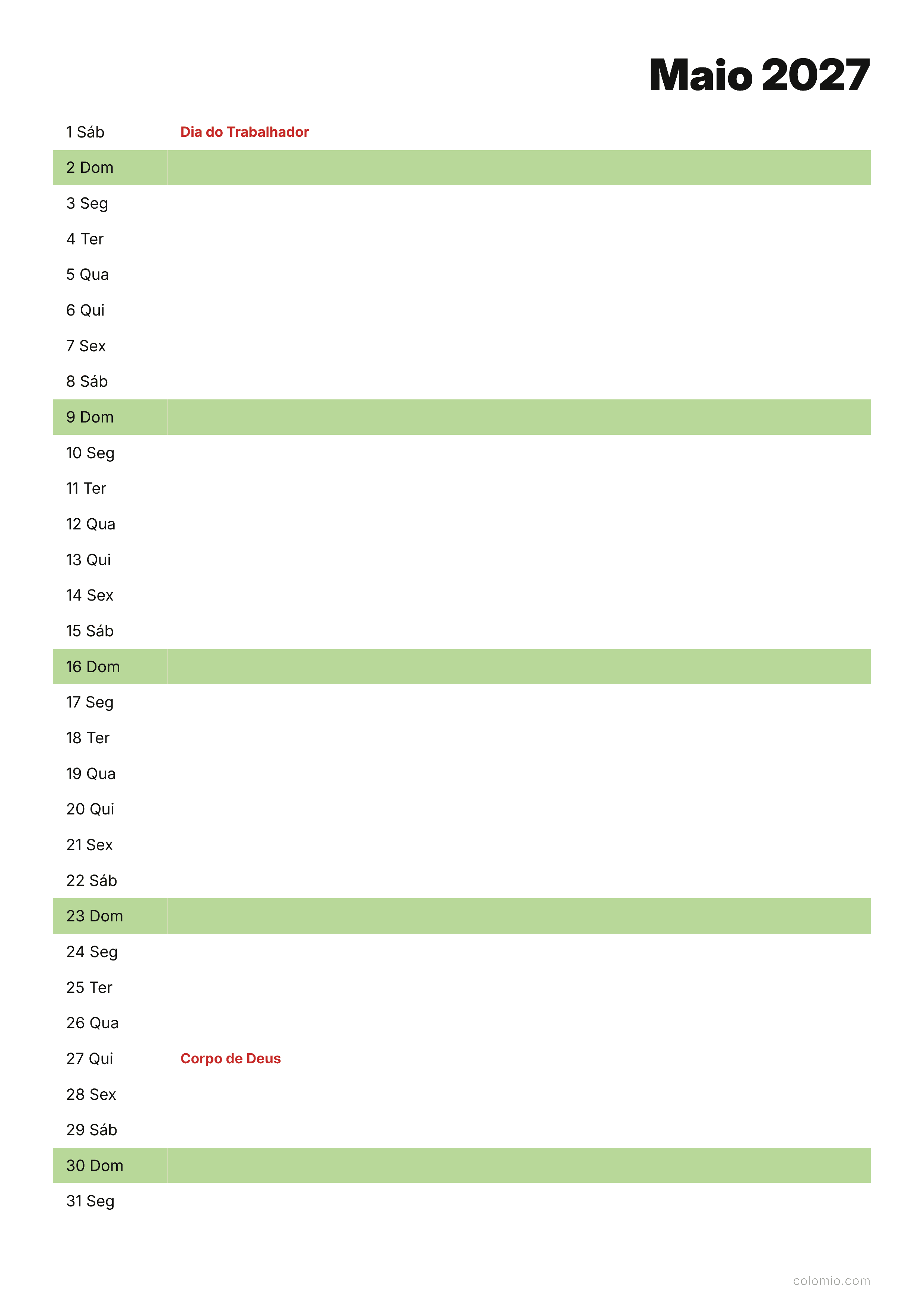 Calendário Maio 2027 agenda · vertical, PDF para imprimir