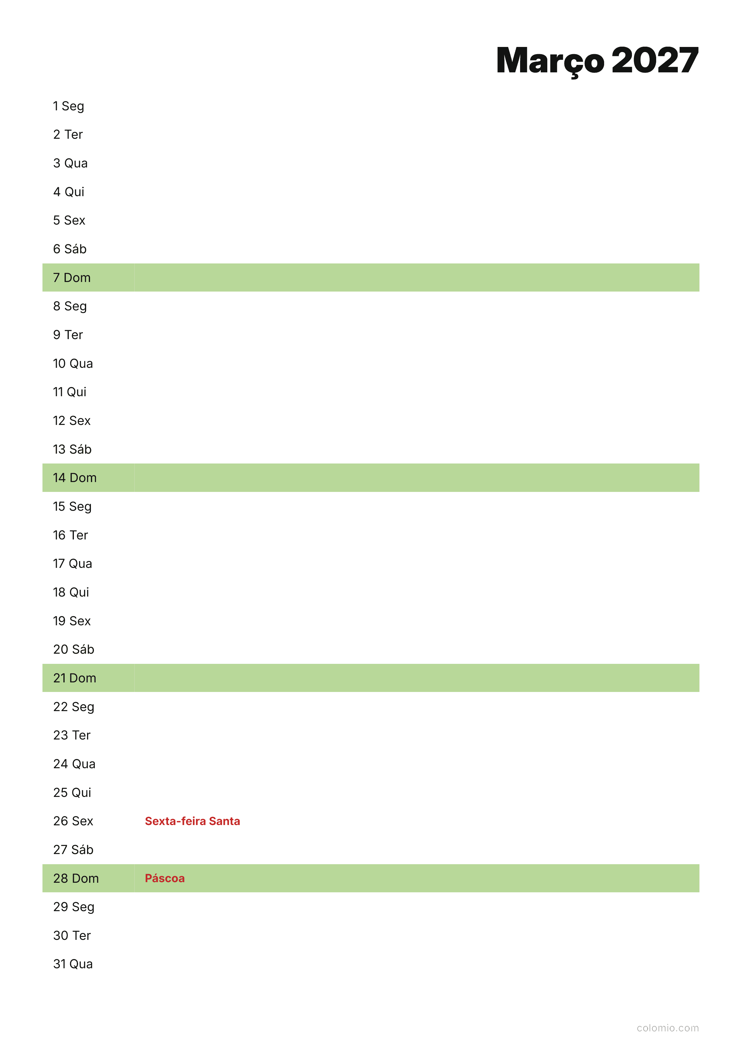 Calendário Março 2027 agenda · vertical, PDF para imprimir