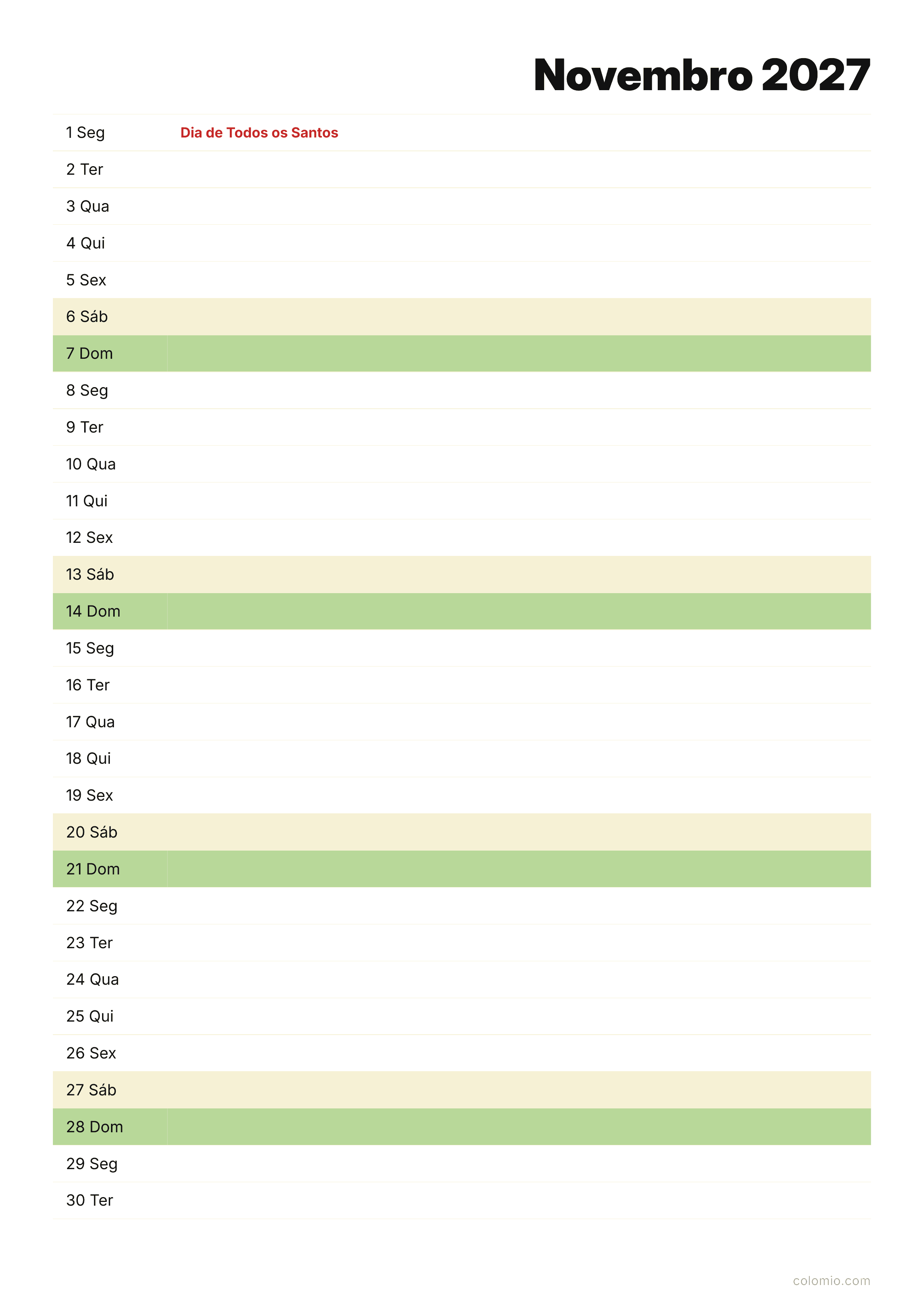 Calendário Novembro 2027 agenda · vertical, PDF para imprimir