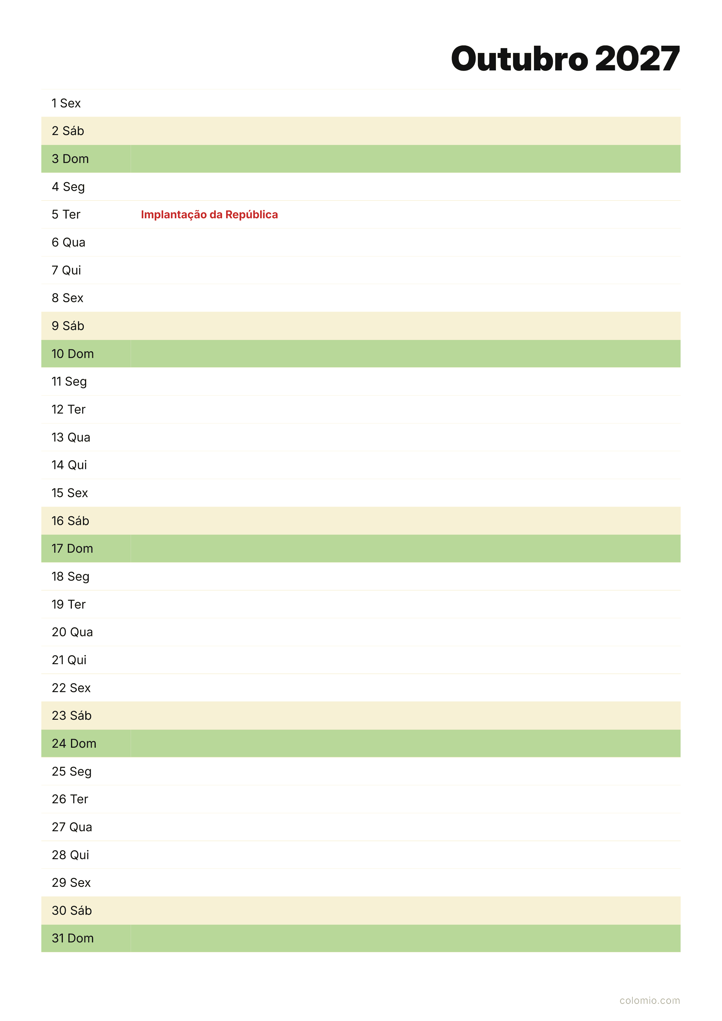 Calendário Outubro 2027 agenda · vertical, PDF para imprimir