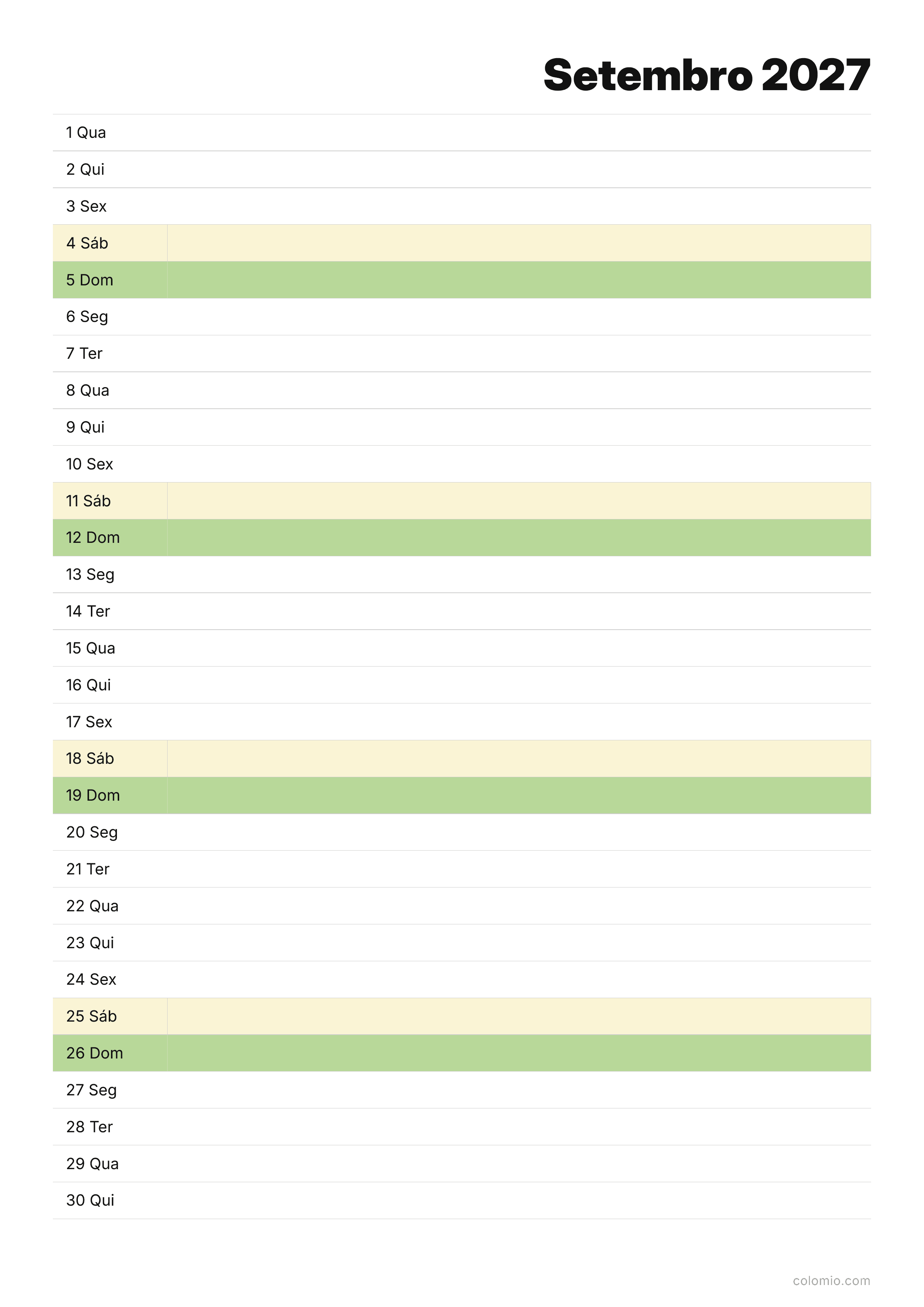 Calendário Setembro 2027 agenda · vertical, PDF para imprimir