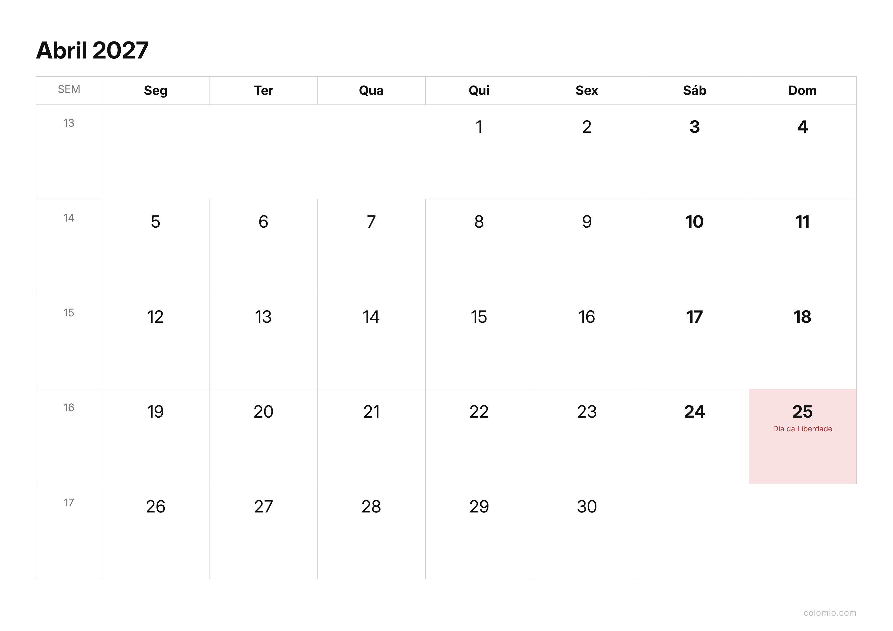 Calendário Abril 2027 compacto · horizontal, PDF para imprimir