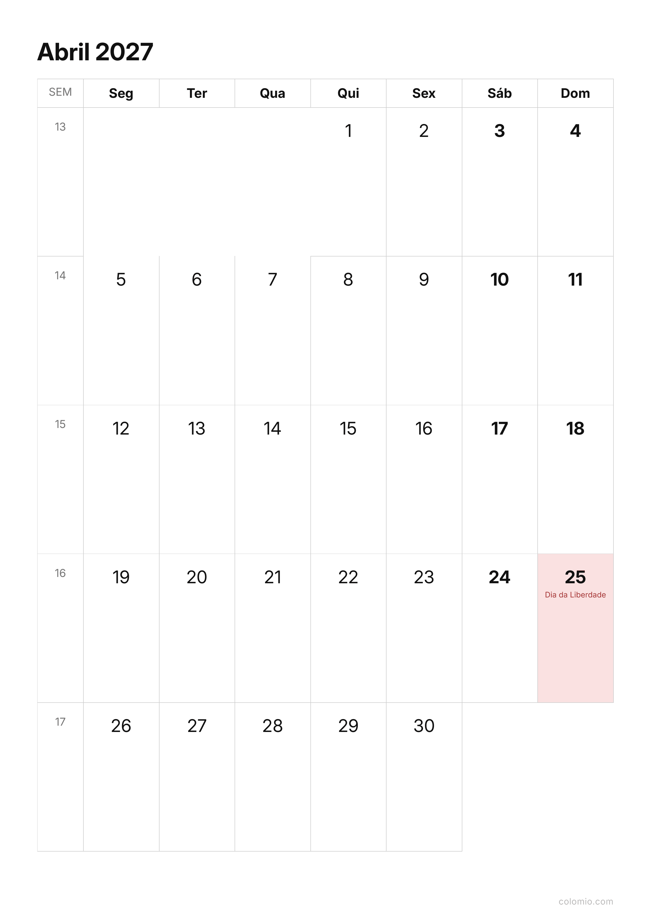Calendário Abril 2027 compacto · vertical, PDF para imprimir