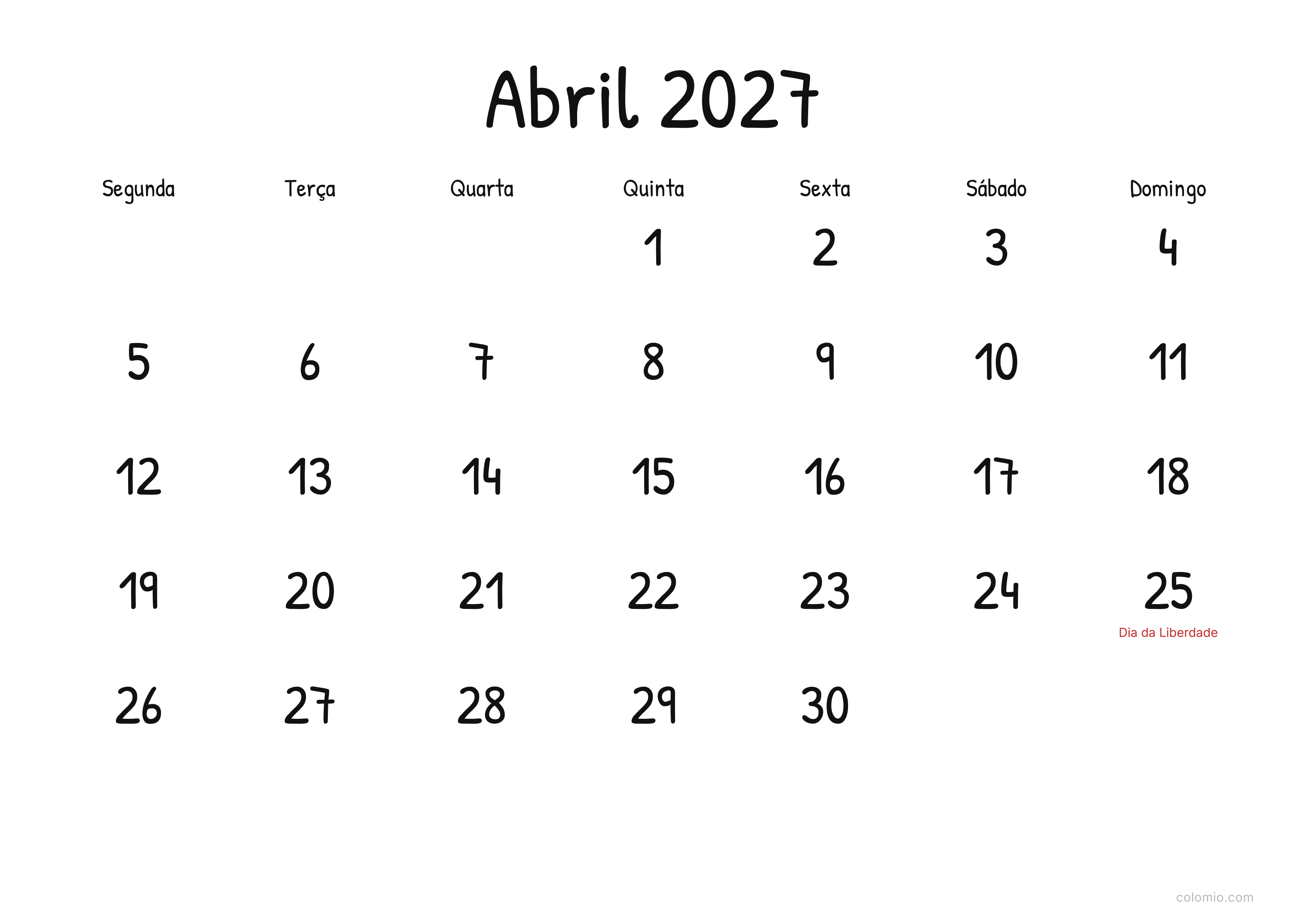 Calendário Abril 2027 display · horizontal, PDF para imprimir