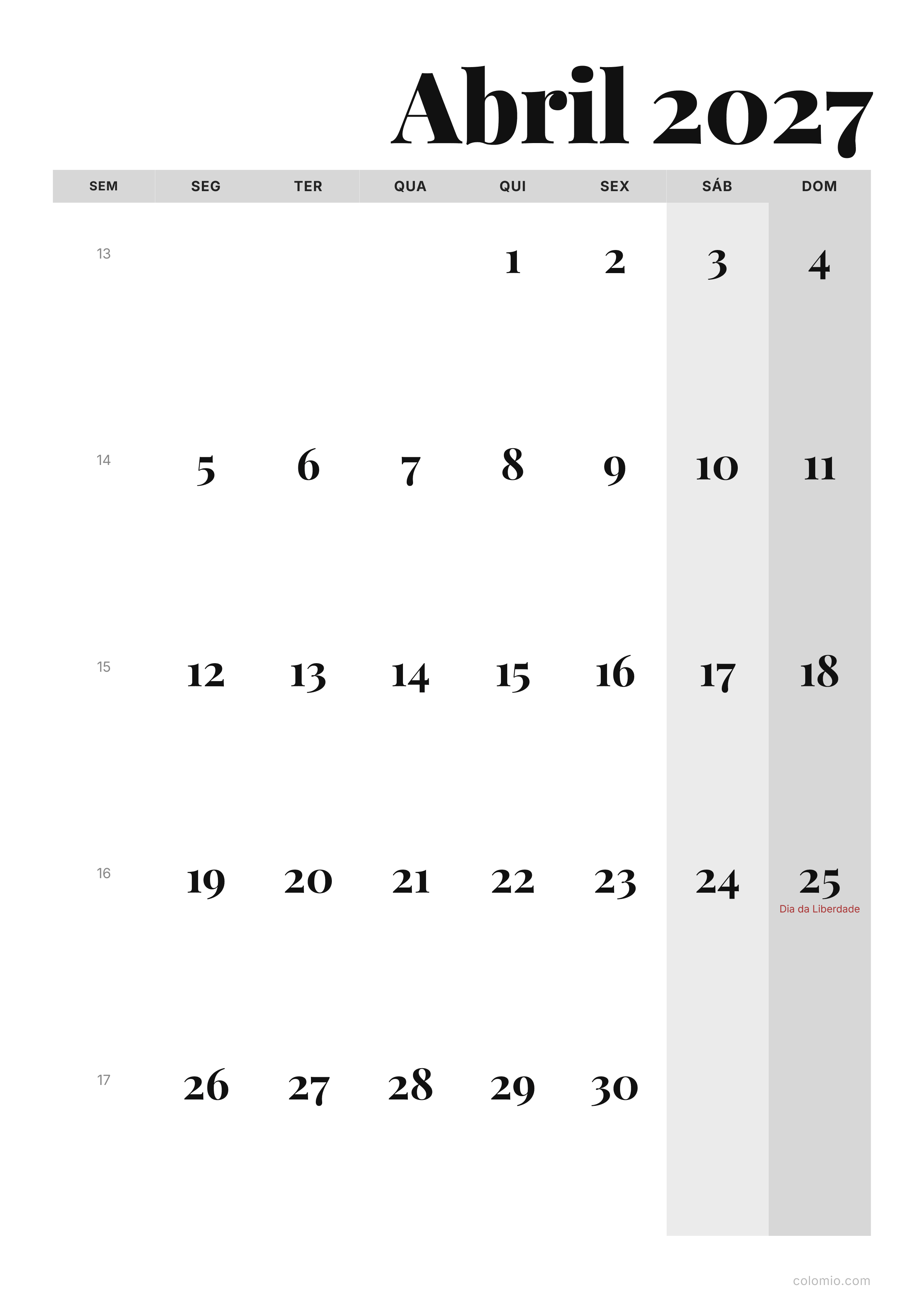 Calendário Abril 2027 editorial · vertical, PDF para imprimir