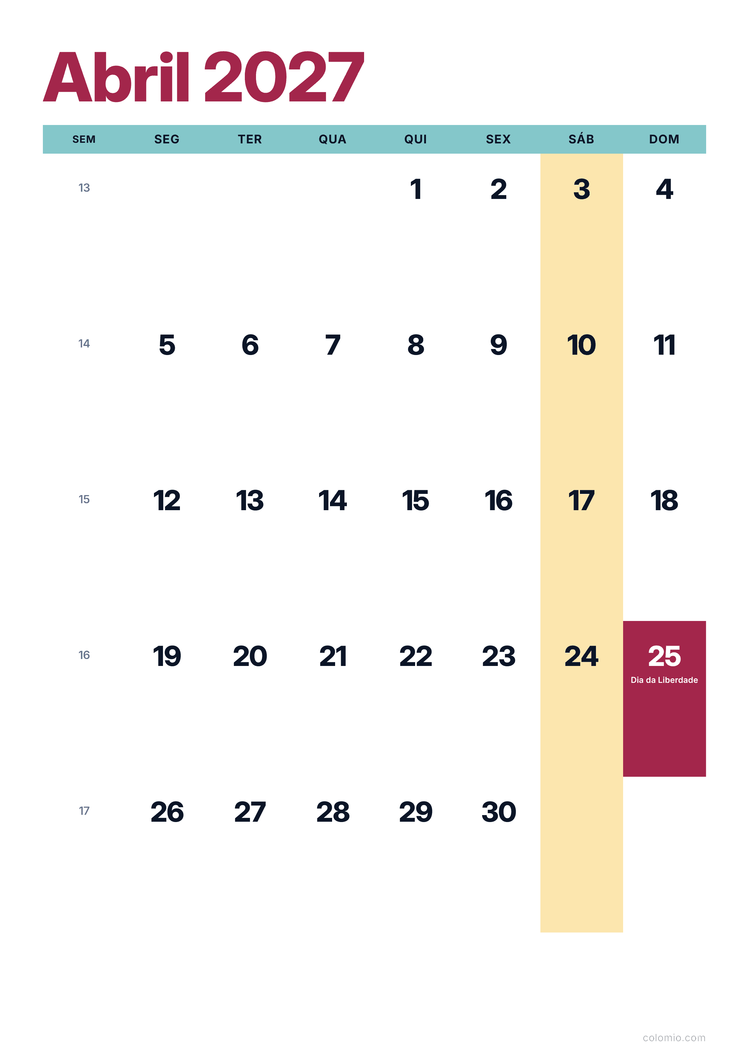 Calendário Abril 2027 colorido & moderno · vertical, PDF para imprimir