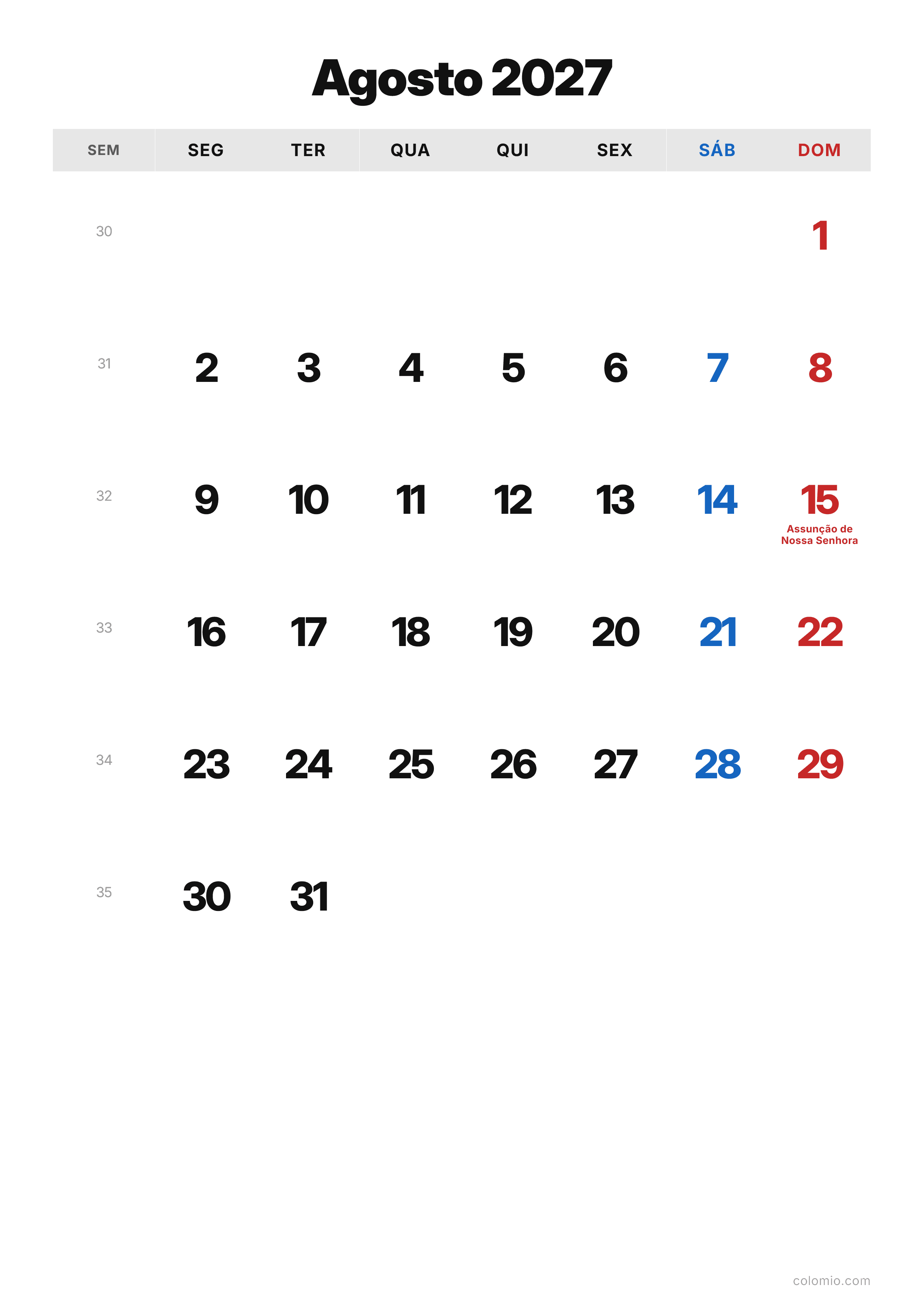 Calendário Agosto 2027 clássico · vertical, PDF para imprimir