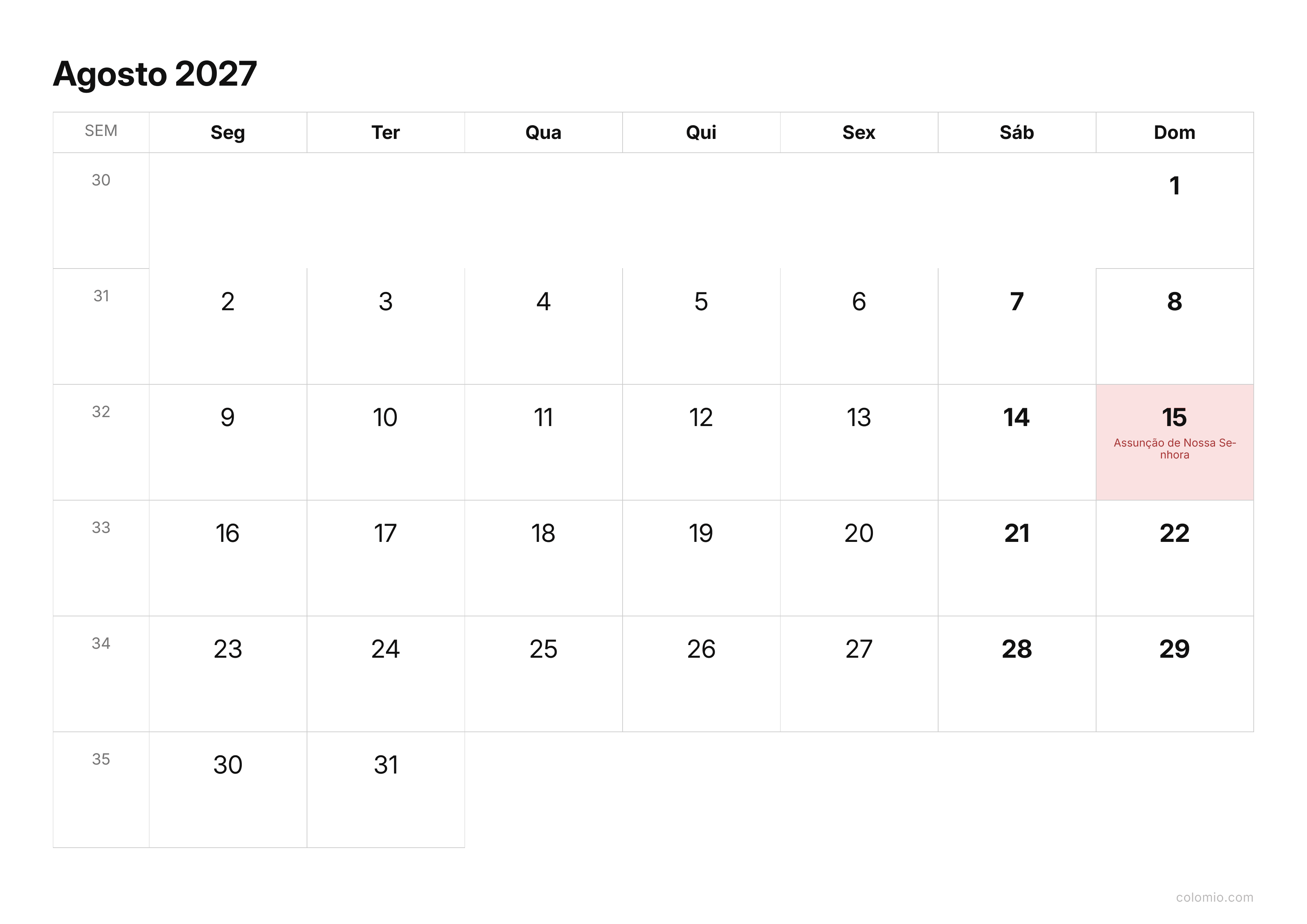 Calendário Agosto 2027 compacto · horizontal, PDF para imprimir