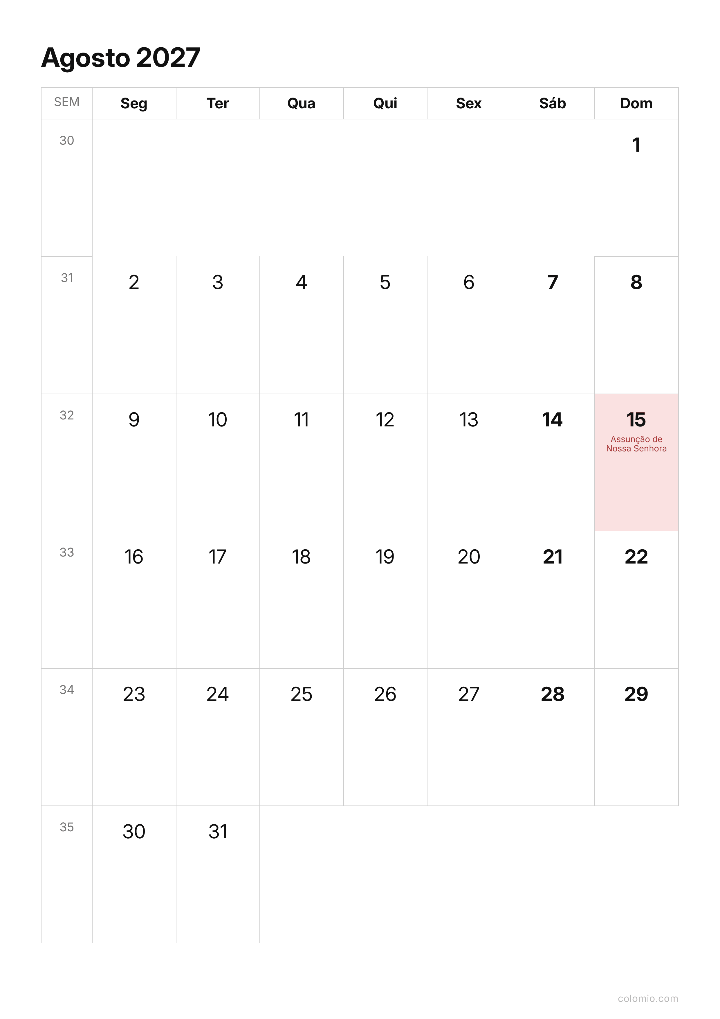 Calendário Agosto 2027 compacto · vertical, PDF para imprimir