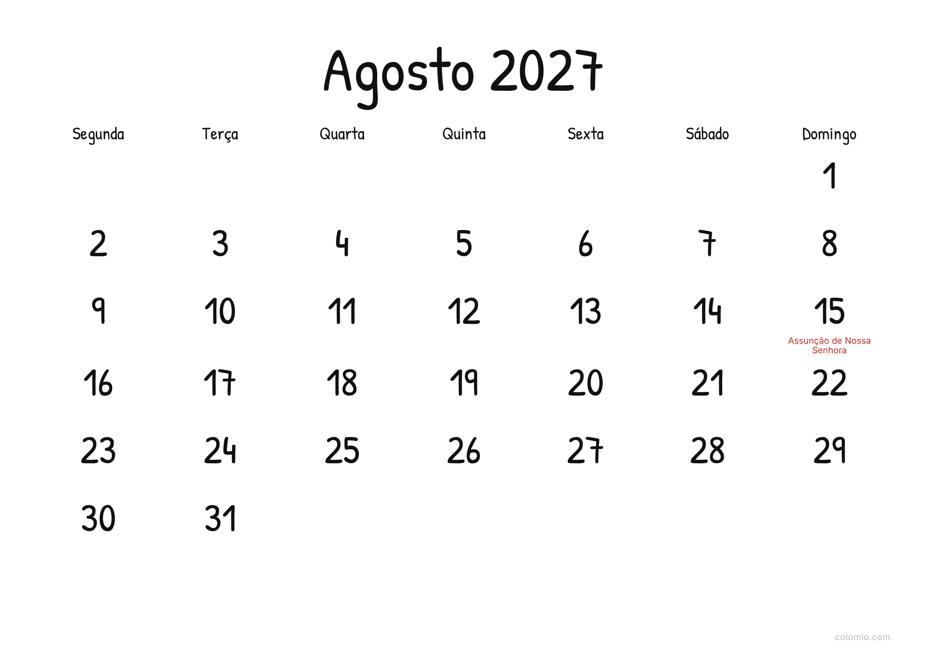 Calendário Agosto 2027 display · horizontal, PDF para imprimir