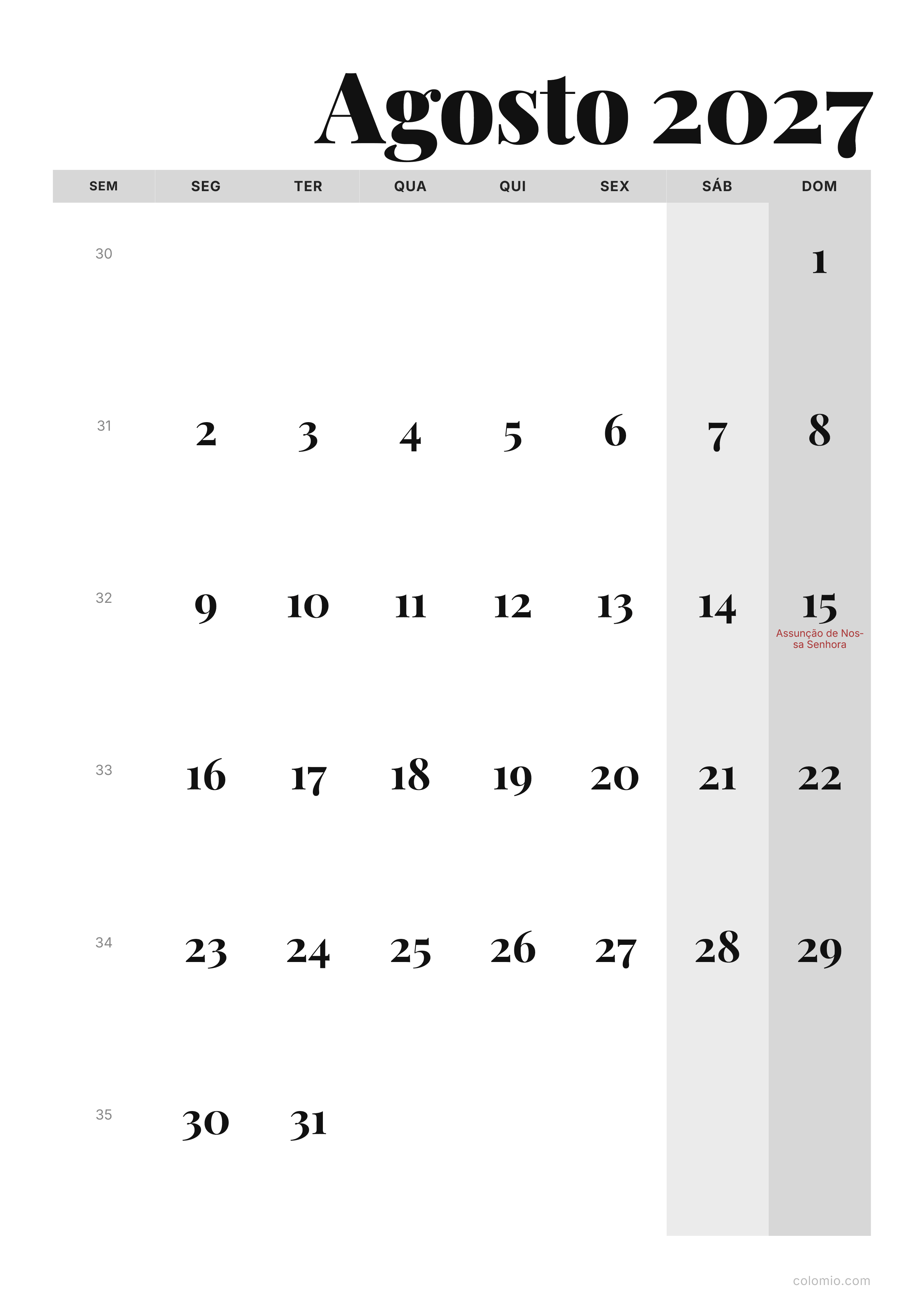 Calendário Agosto 2027 editorial · vertical, PDF para imprimir