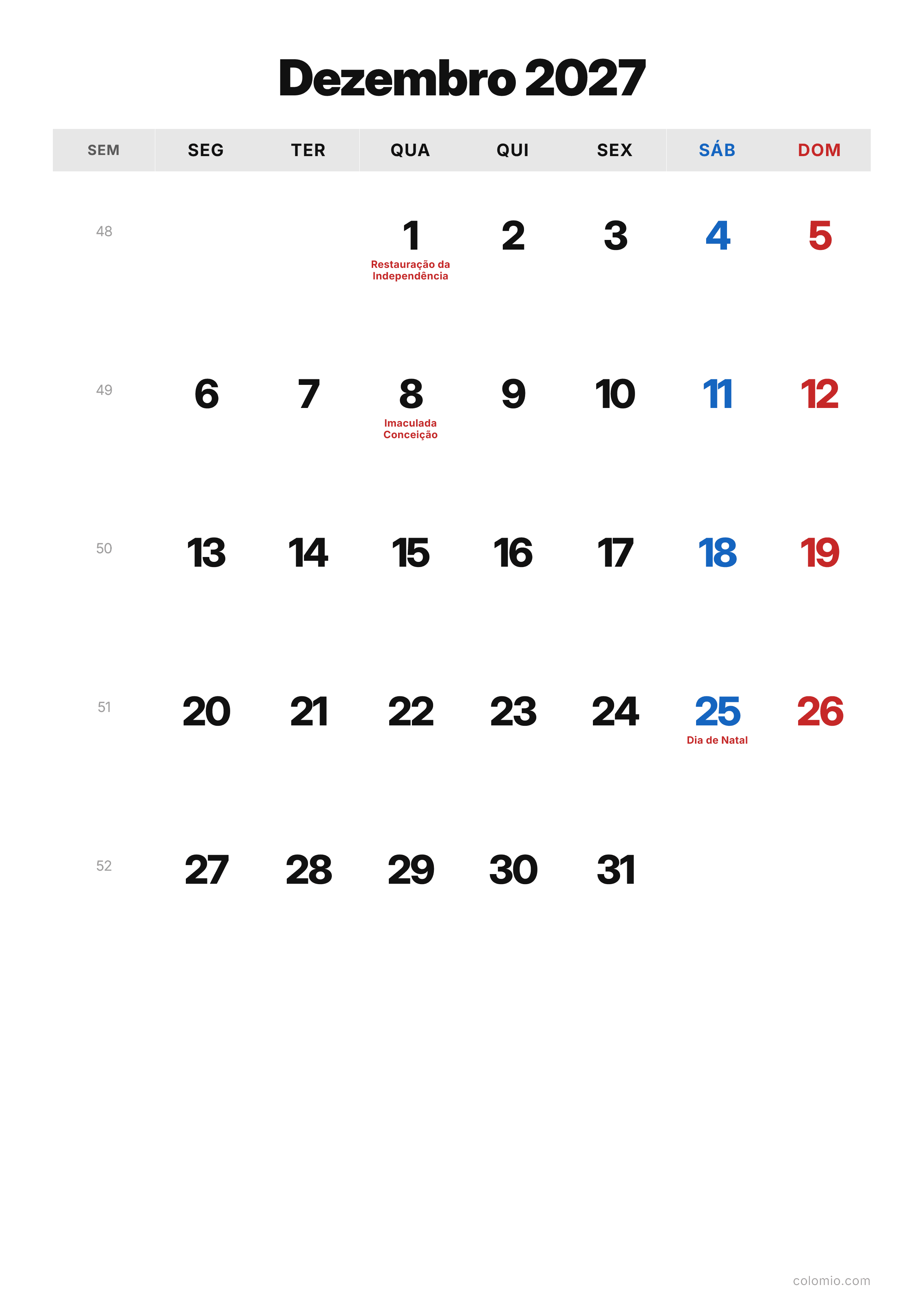 Calendário Dezembro 2027 clássico · vertical, PDF para imprimir
