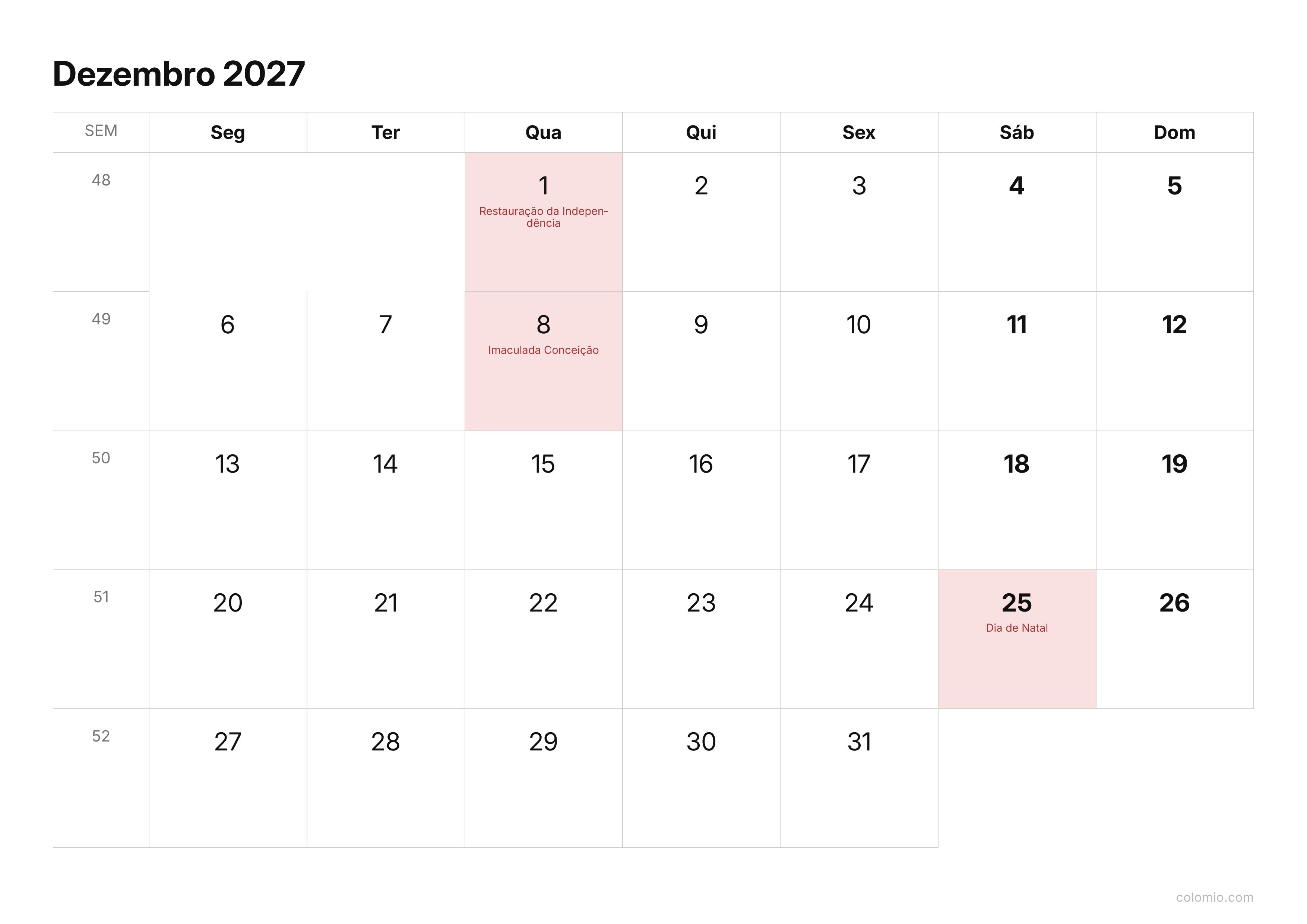Calendário Dezembro 2027 compacto · horizontal, PDF para imprimir