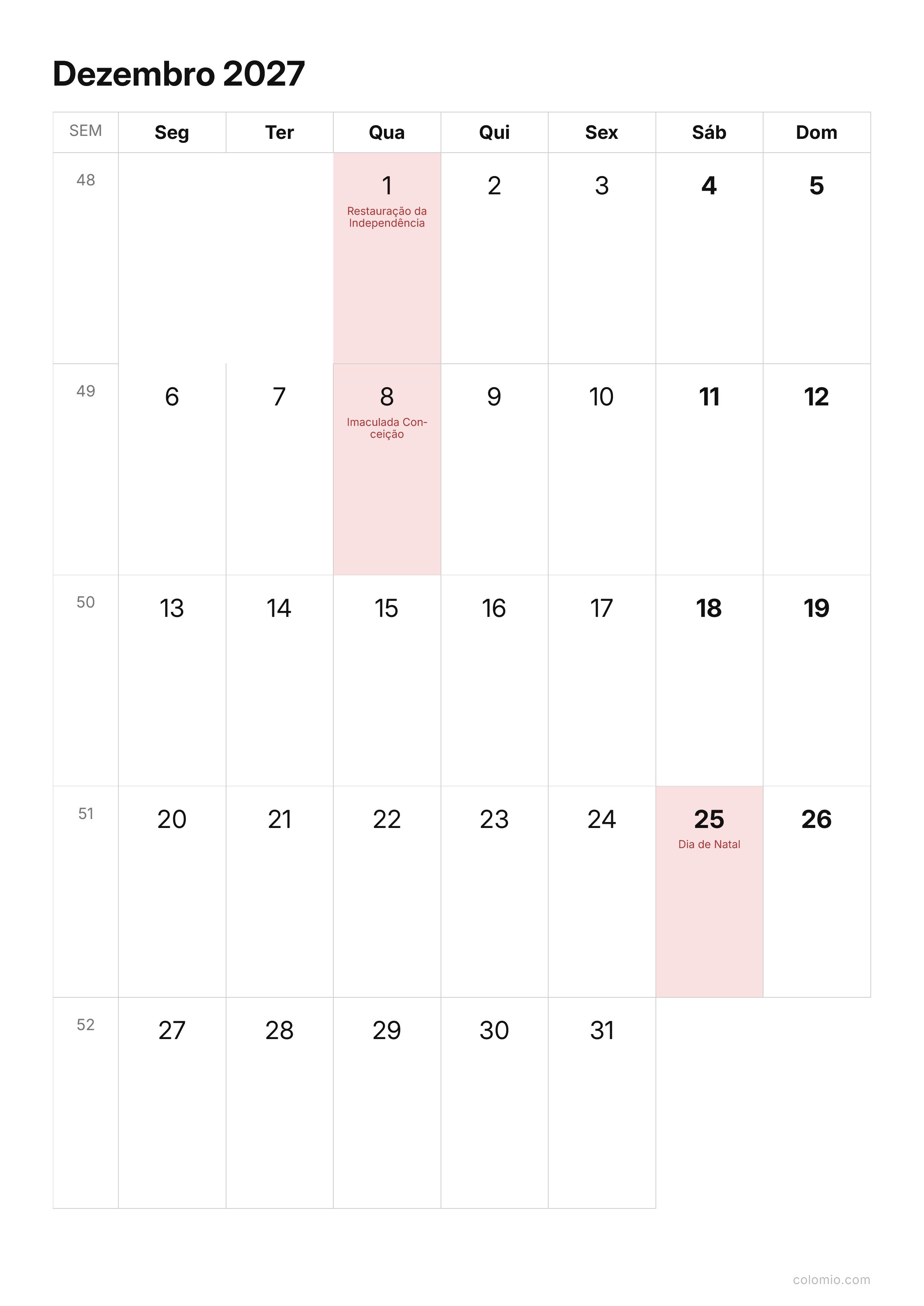 Calendário Dezembro 2027 compacto · vertical, PDF para imprimir