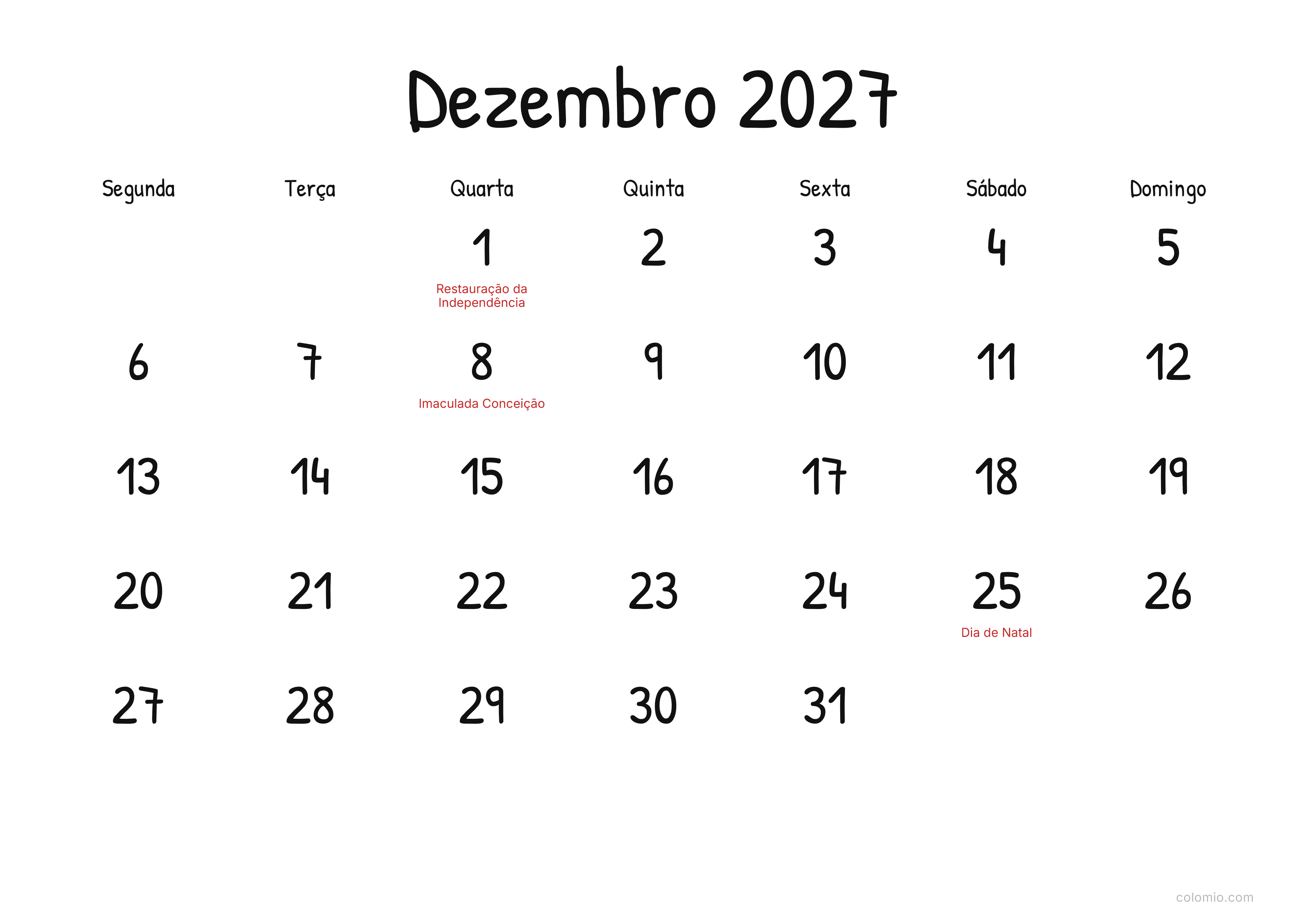 Calendário Dezembro 2027 display · horizontal, PDF para imprimir