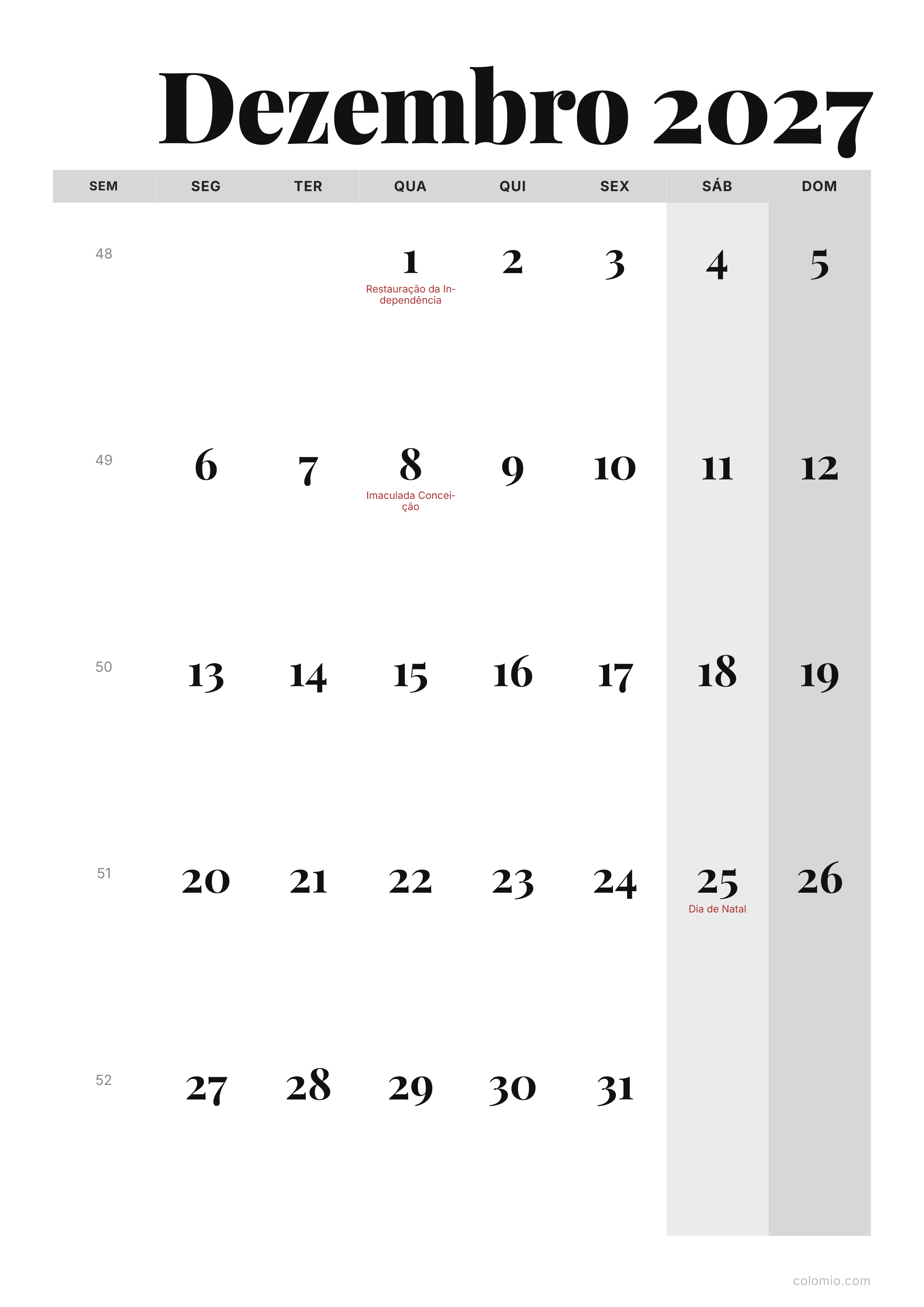 Calendário Dezembro 2027 editorial · vertical, PDF para imprimir