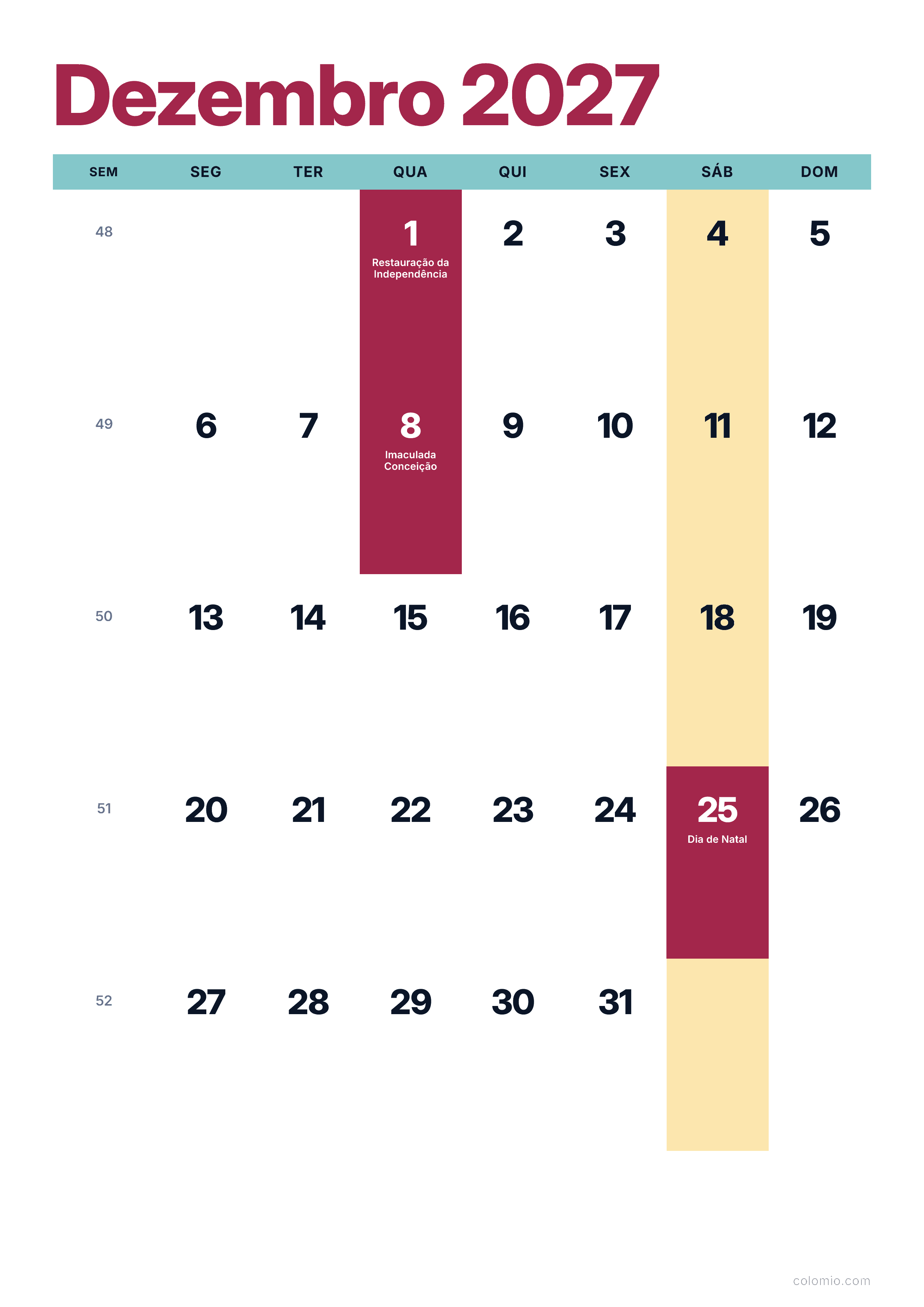 Calendário Dezembro 2027 colorido & moderno · vertical, PDF para imprimir
