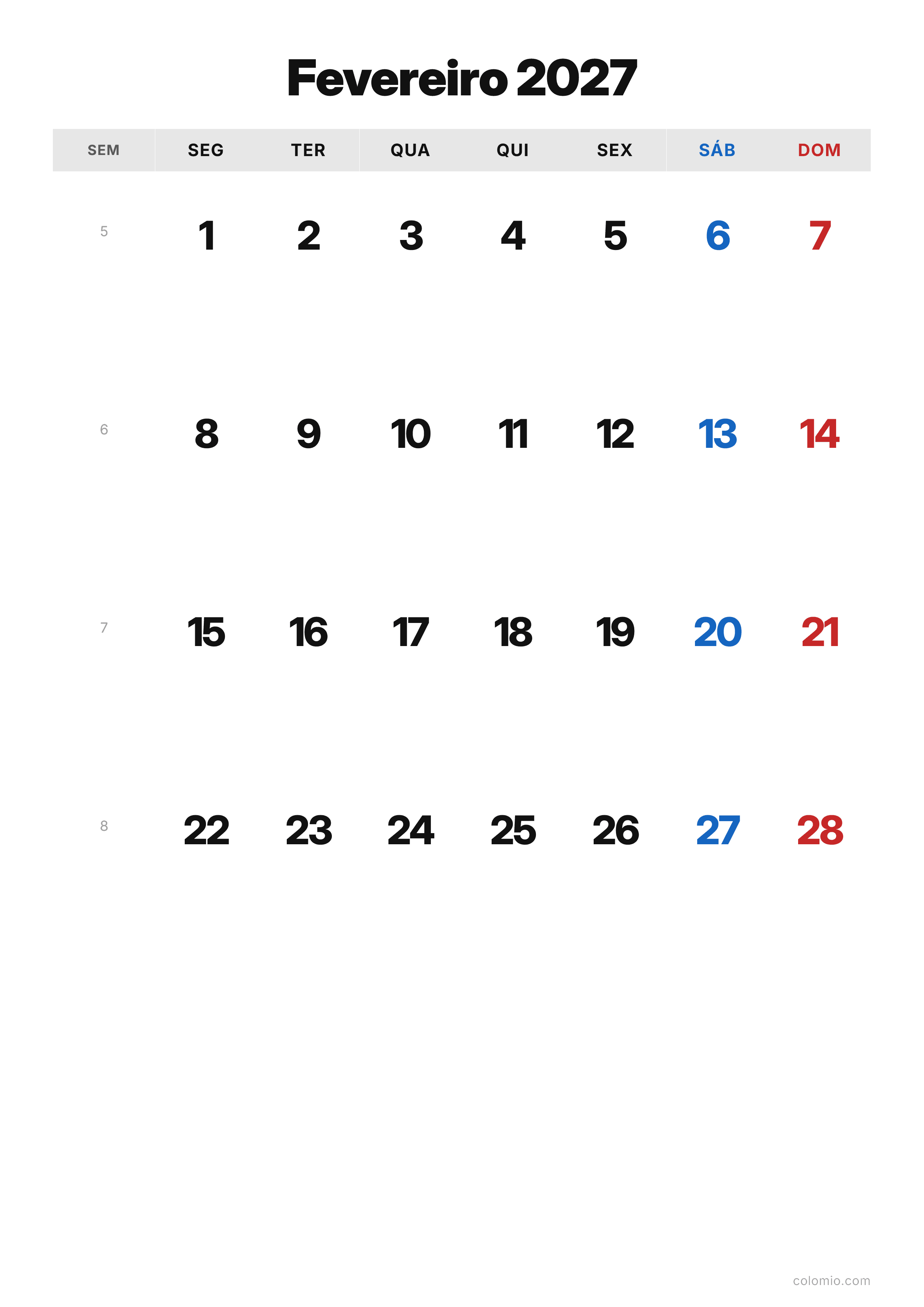 Calendário Fevereiro 2027 clássico · vertical, PDF para imprimir