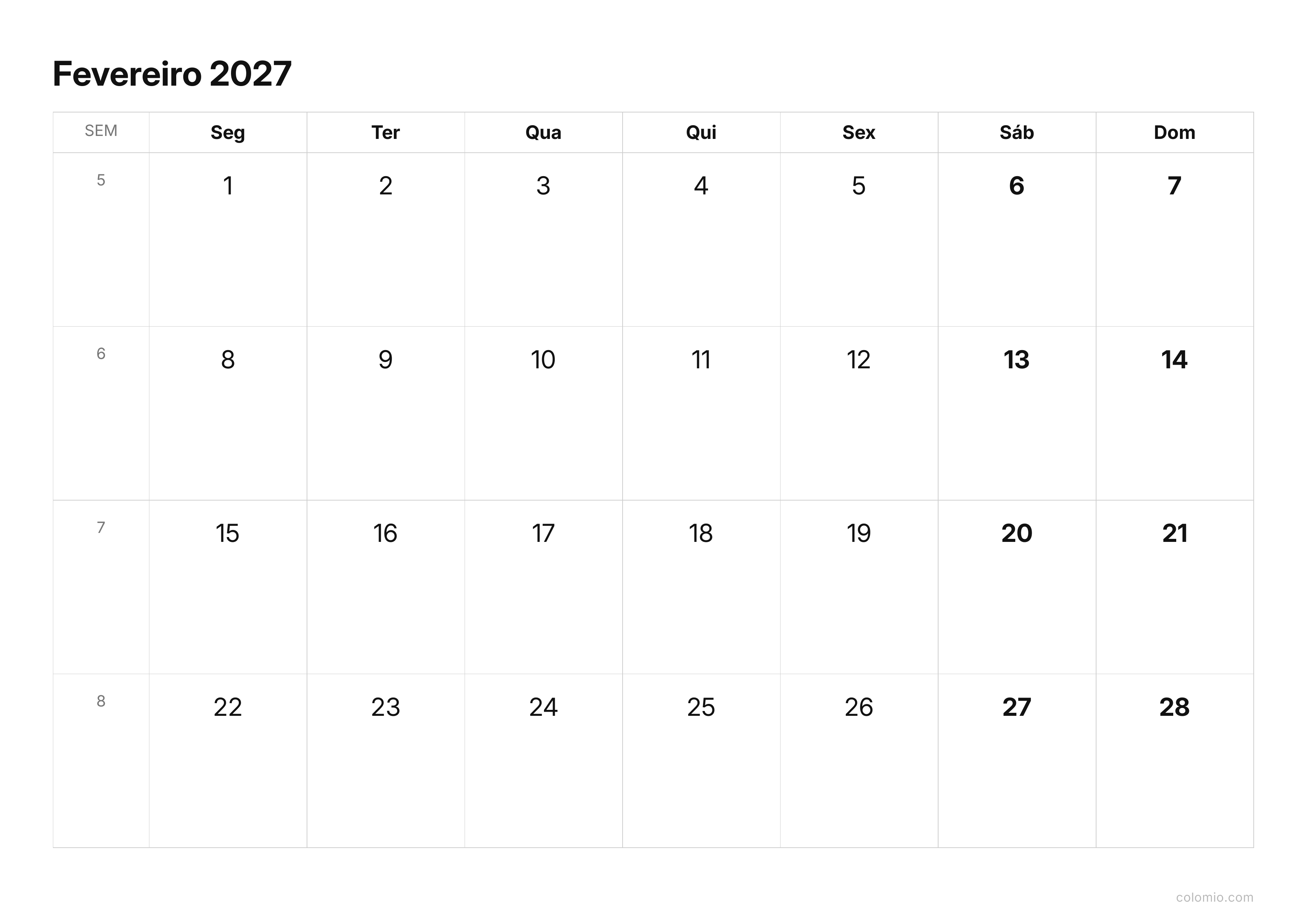 Calendário Fevereiro 2027 compacto · horizontal, PDF para imprimir