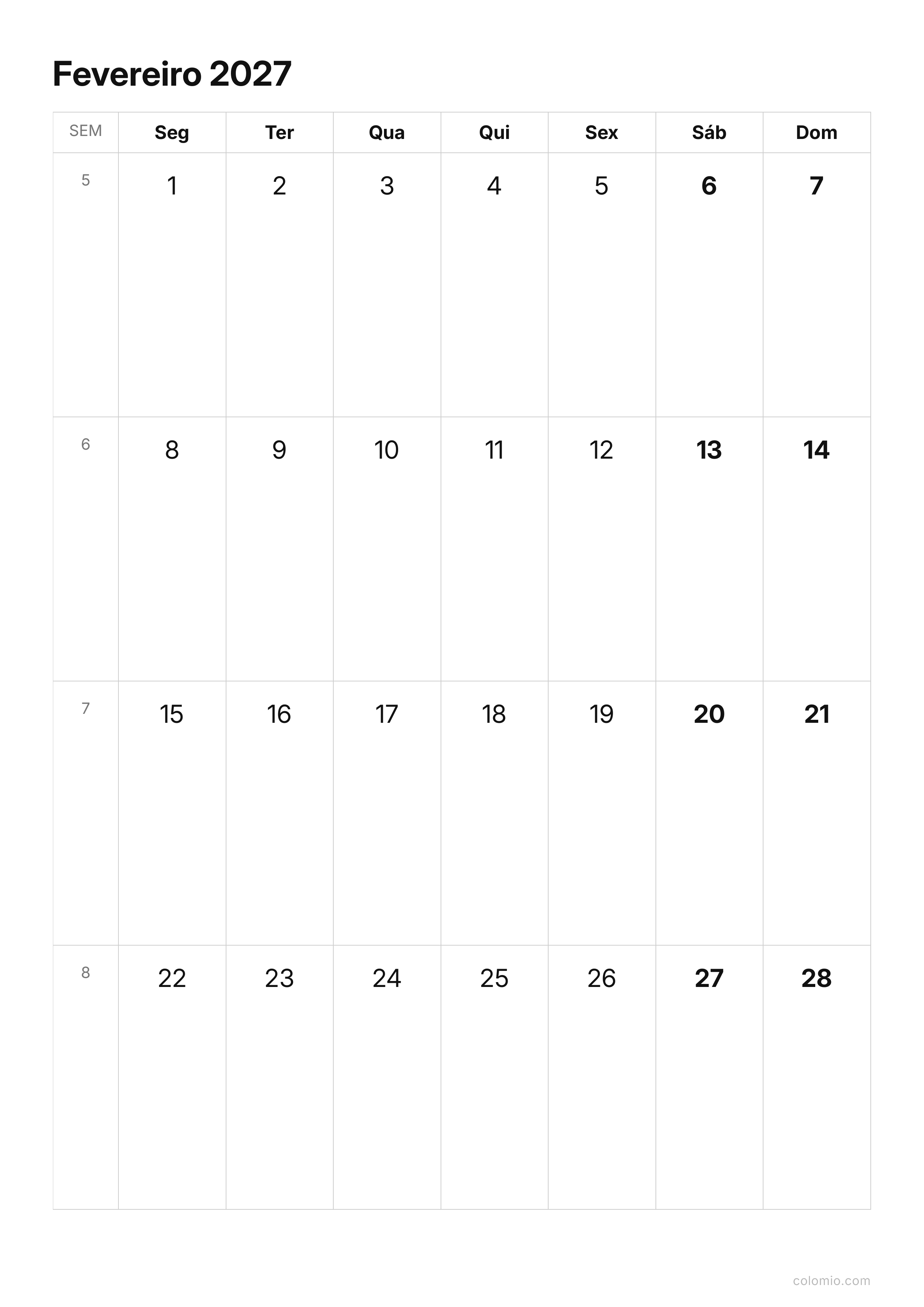 Calendário Fevereiro 2027 compacto · vertical, PDF para imprimir