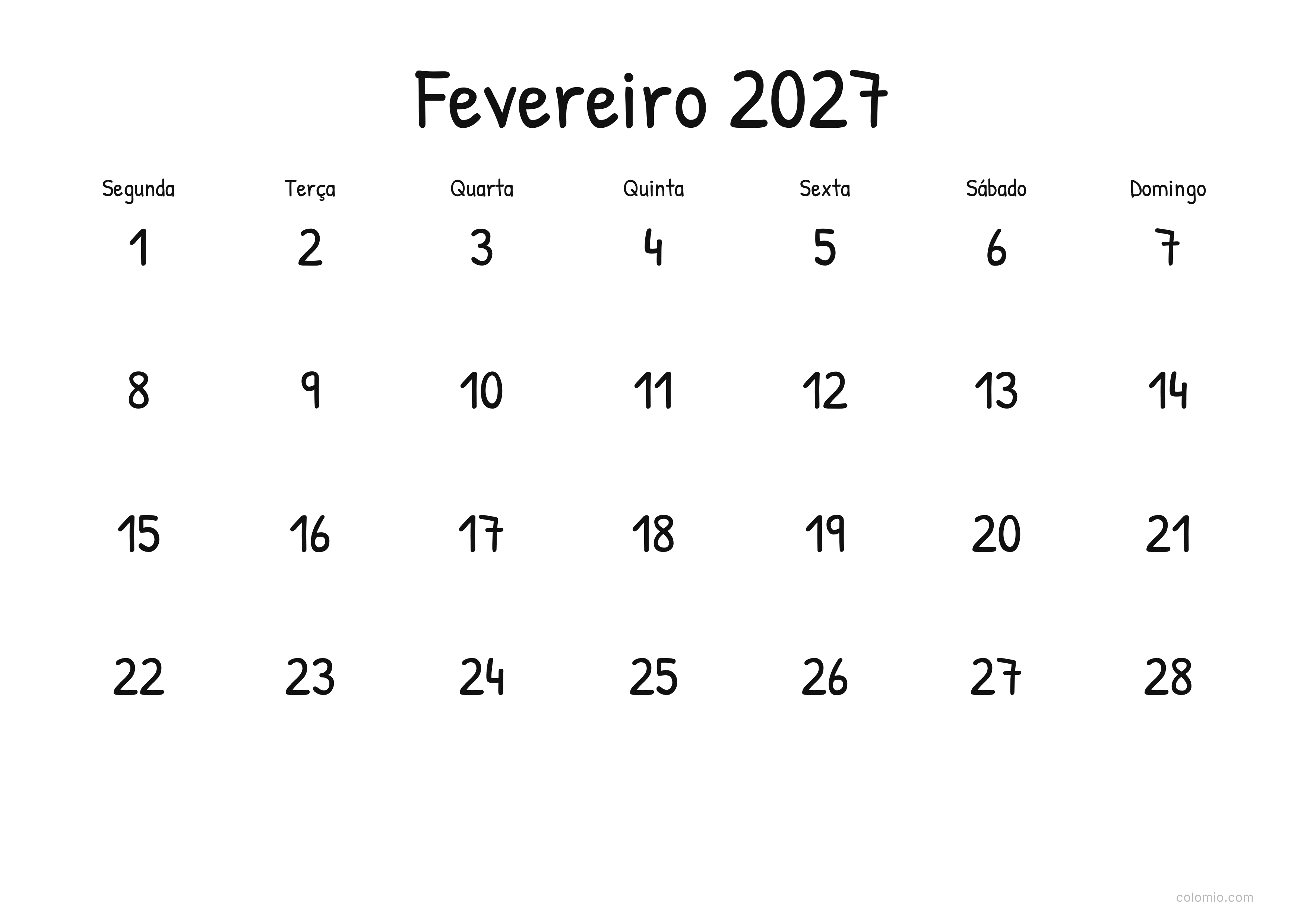 Calendário Fevereiro 2027 display · horizontal, PDF para imprimir