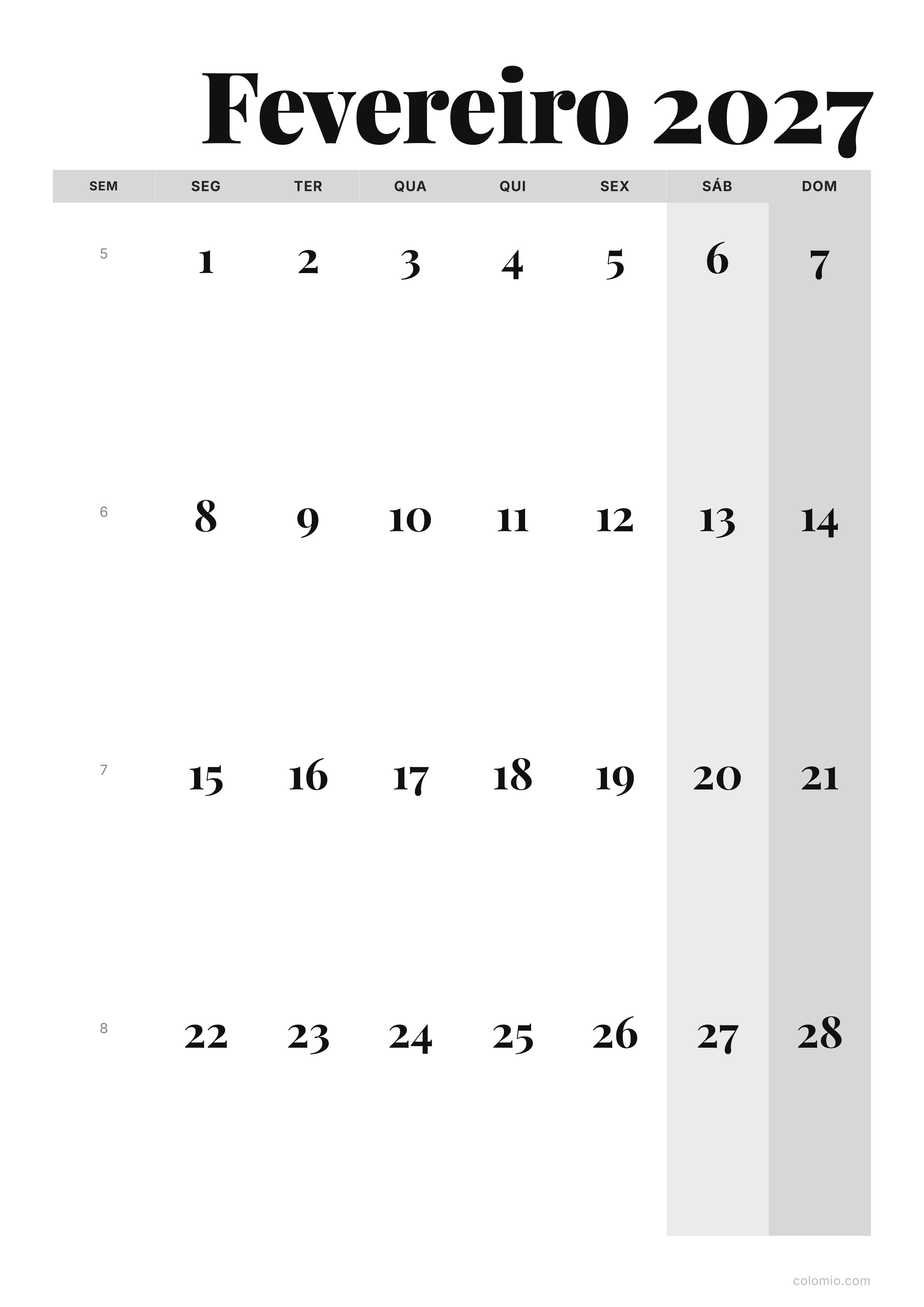 Calendário Fevereiro 2027 editorial · vertical, PDF para imprimir
