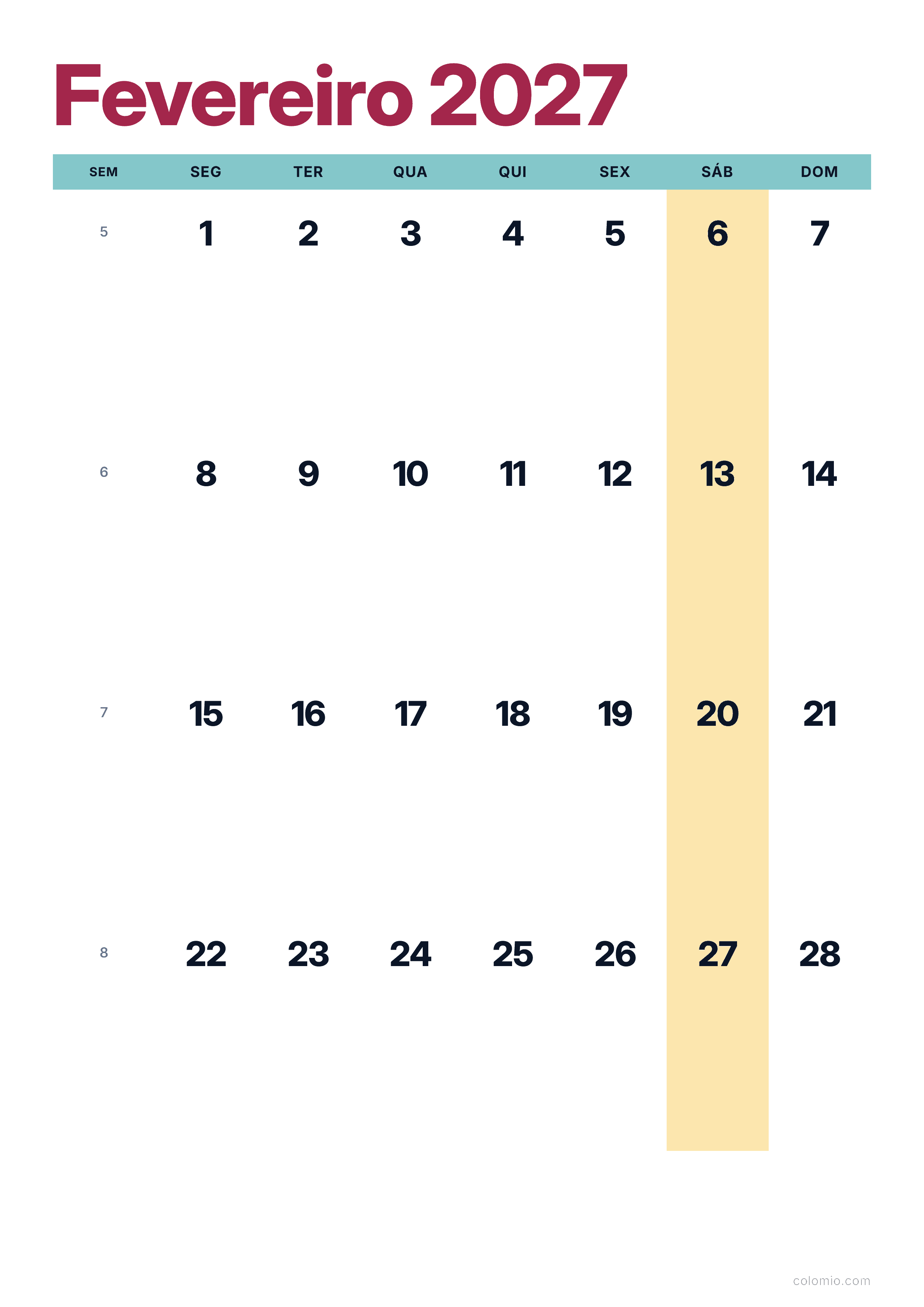 Calendário Fevereiro 2027 colorido & moderno · vertical, PDF para imprimir