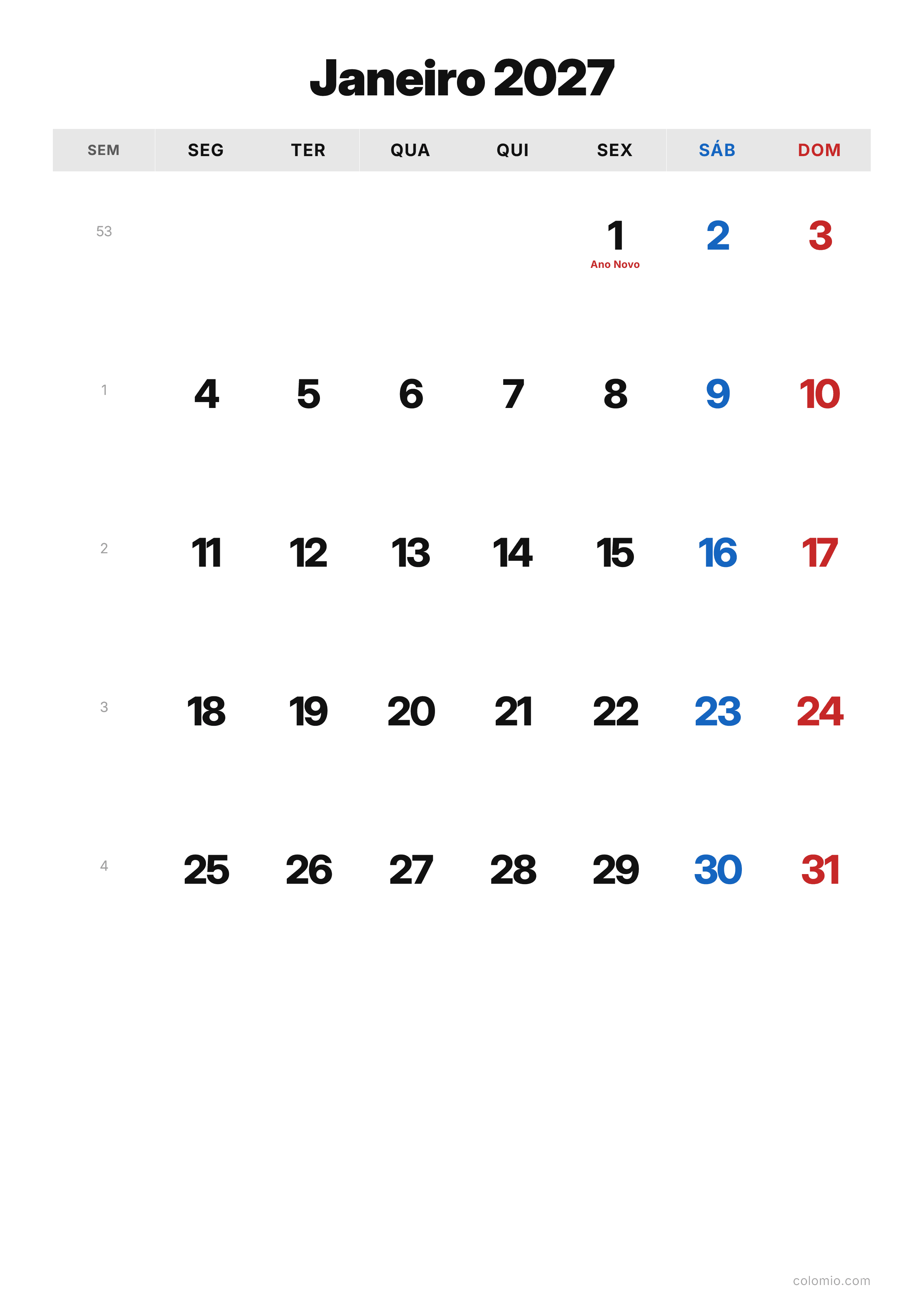 Calendário Janeiro 2027 clássico · vertical, PDF para imprimir