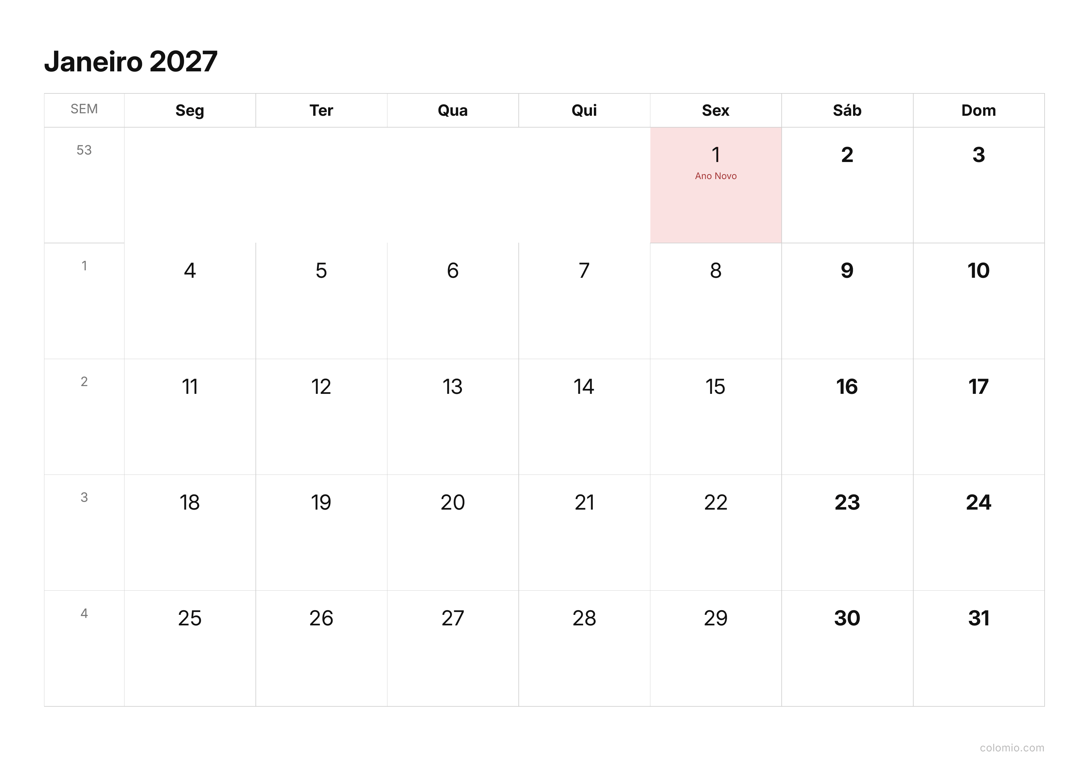 Calendário Janeiro 2027 compacto · horizontal, PDF para imprimir