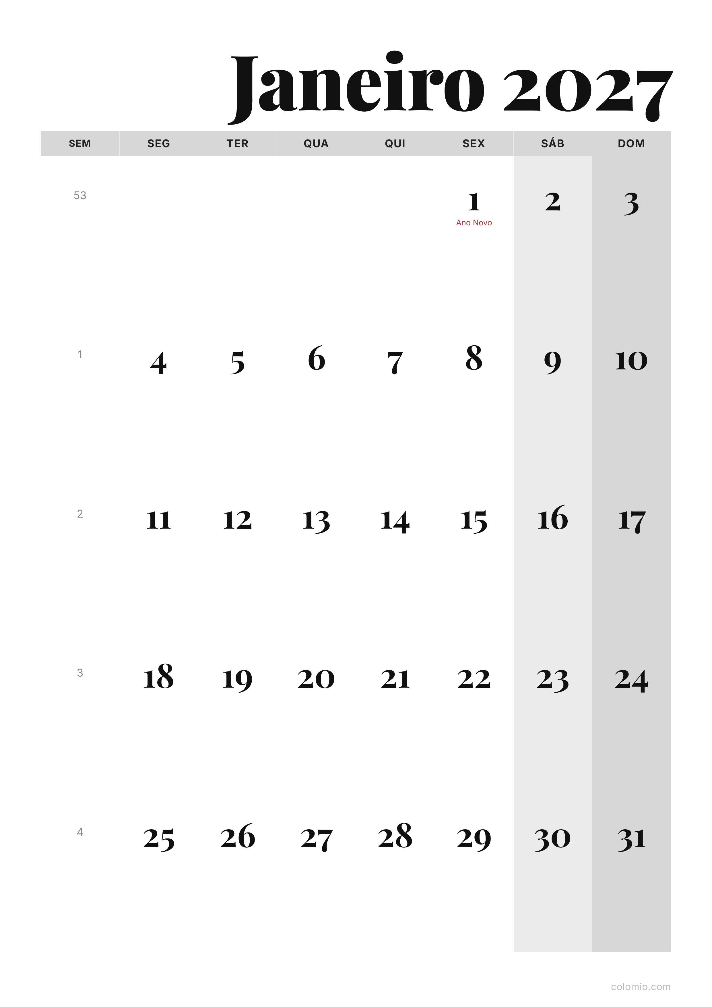 Calendário Janeiro 2027 editorial · vertical, PDF para imprimir