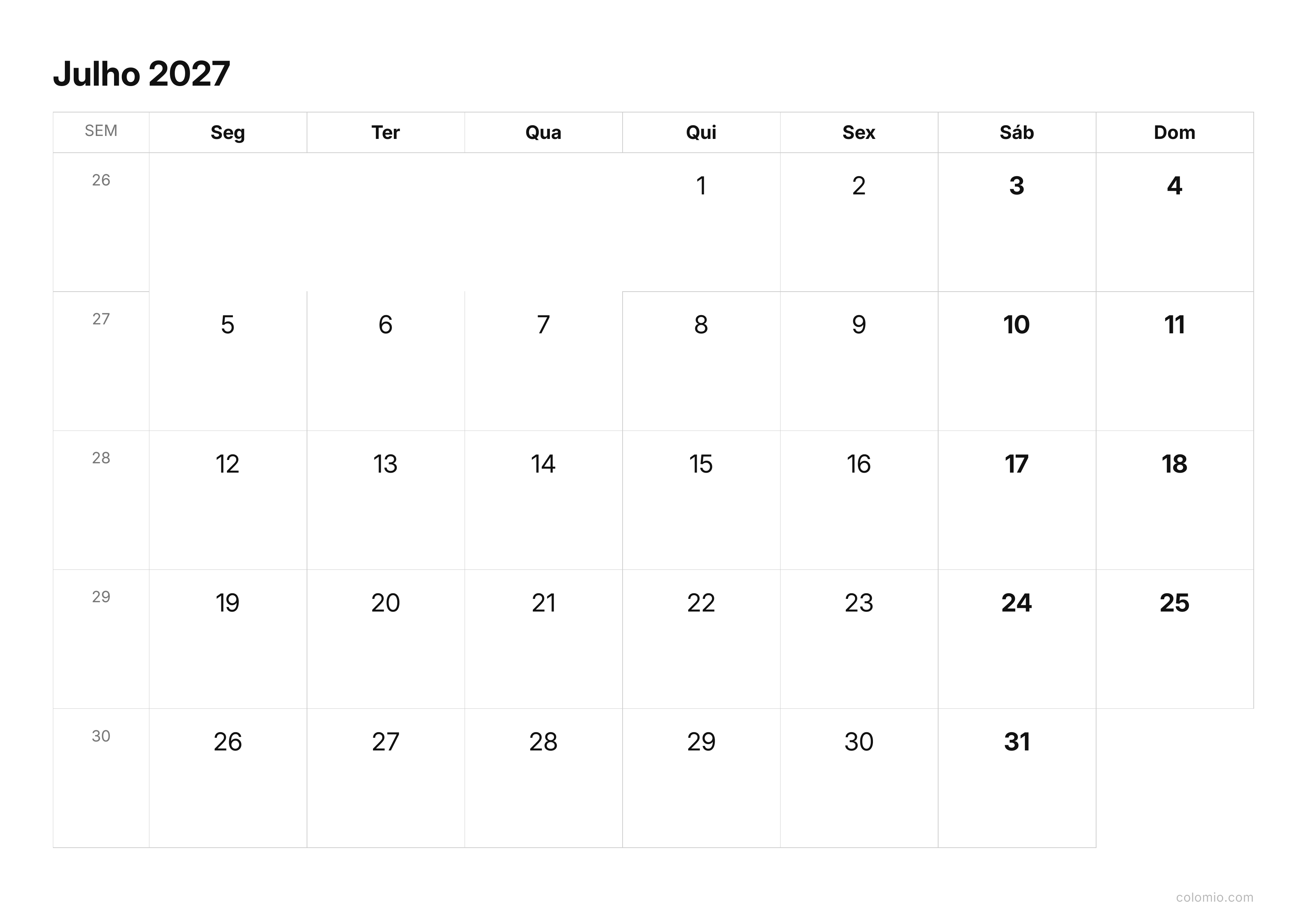 Calendário Julho 2027 compacto · horizontal, PDF para imprimir