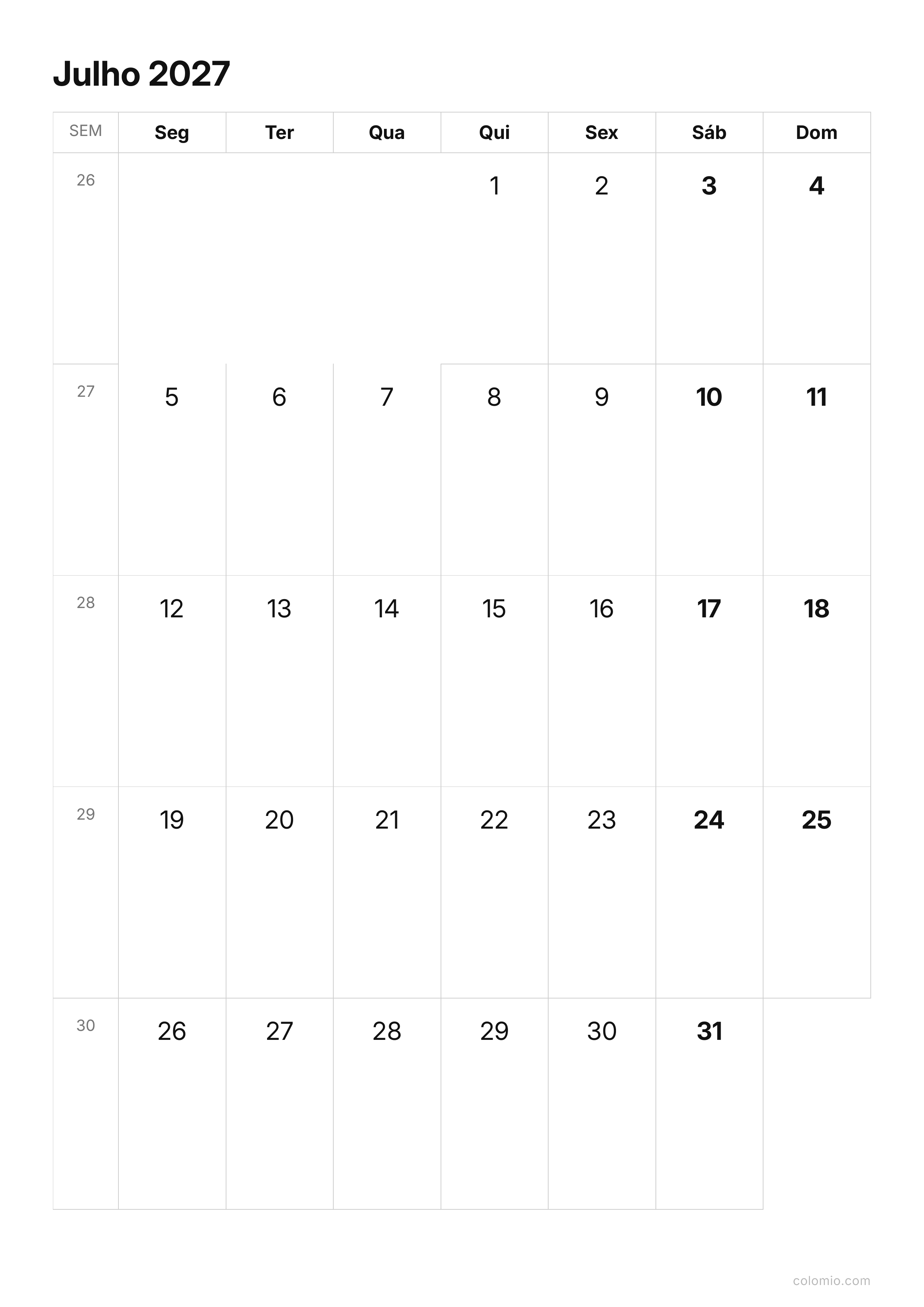 Calendário Julho 2027 compacto · vertical, PDF para imprimir