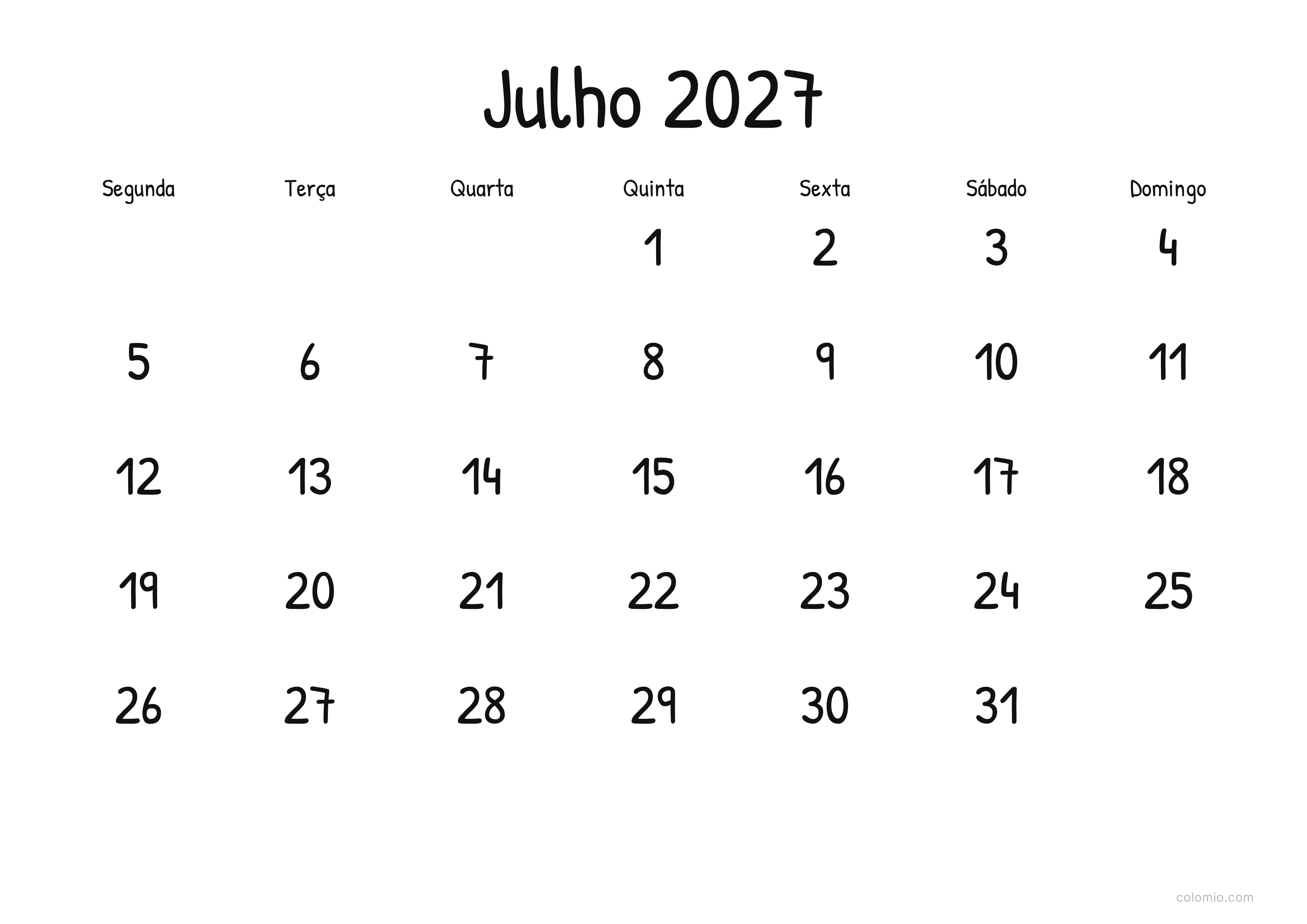 Calendário Julho 2027 display · horizontal, PDF para imprimir