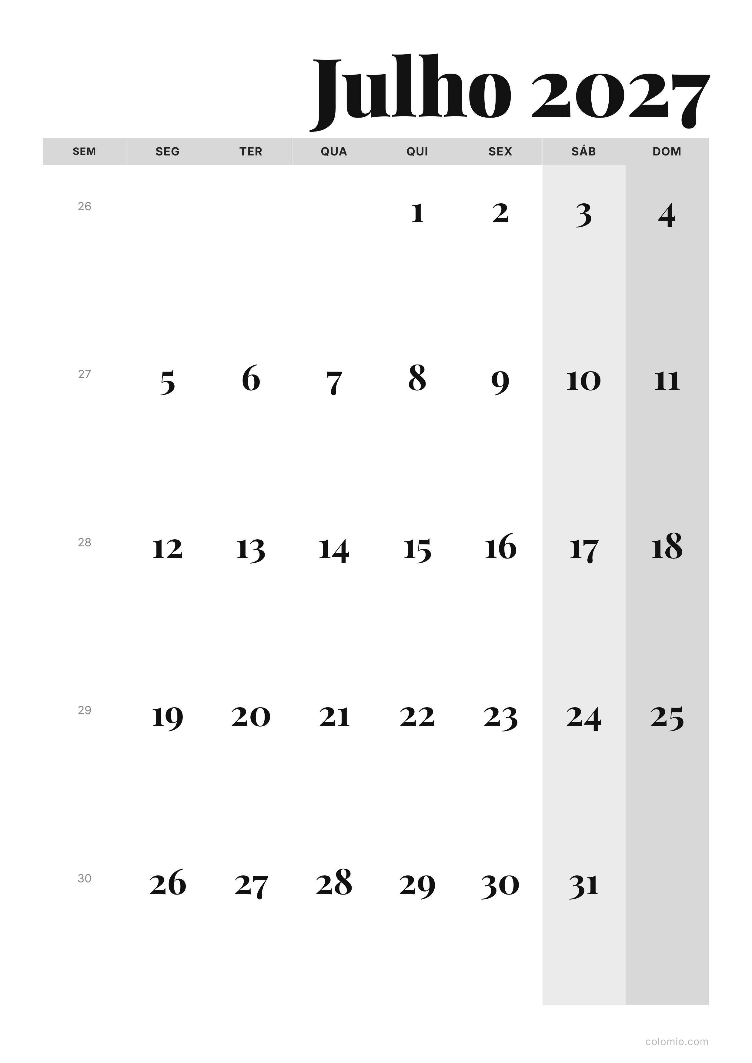 Calendário Julho 2027 editorial · vertical, PDF para imprimir