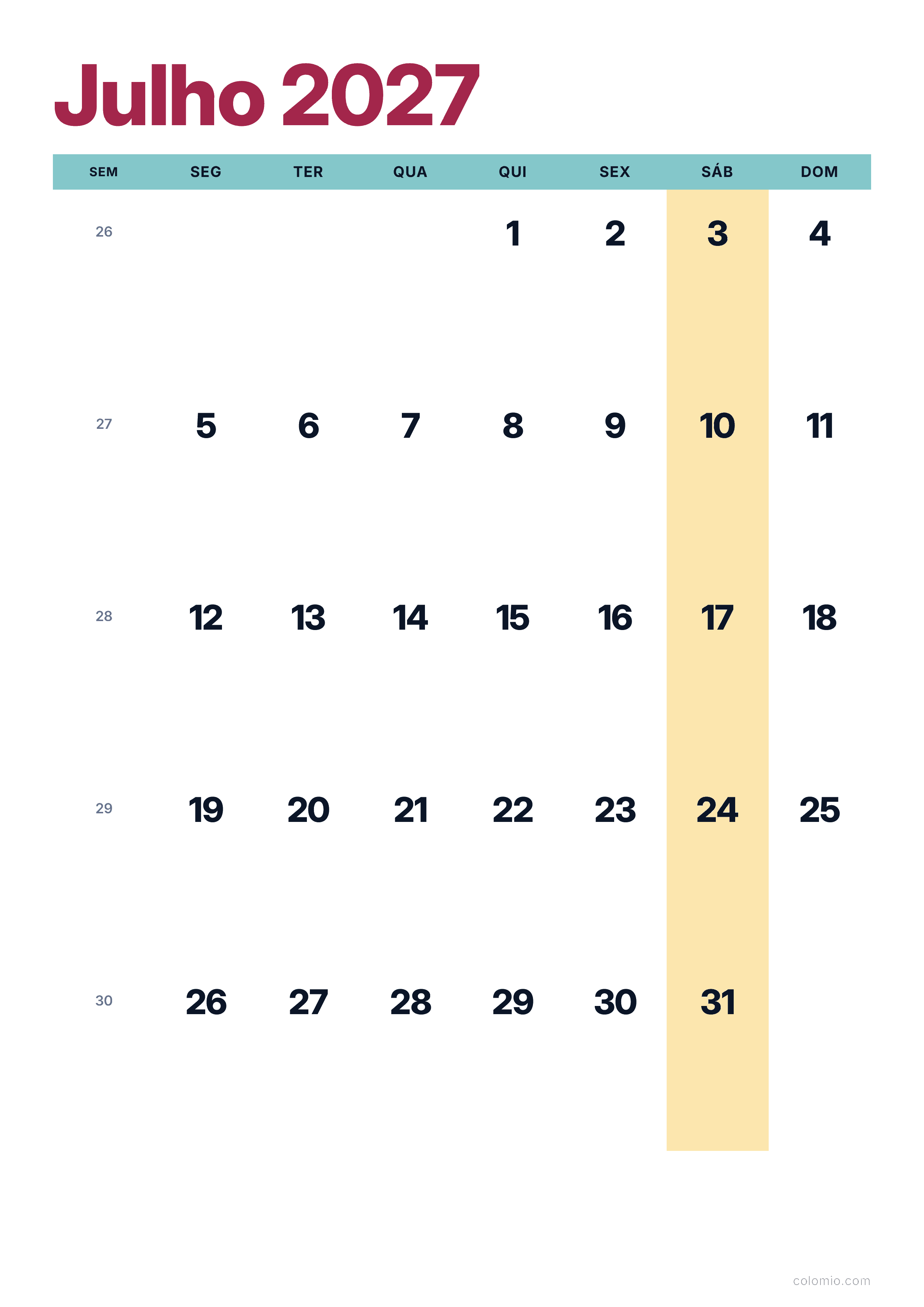 Calendário Julho 2027 colorido & moderno · vertical, PDF para imprimir