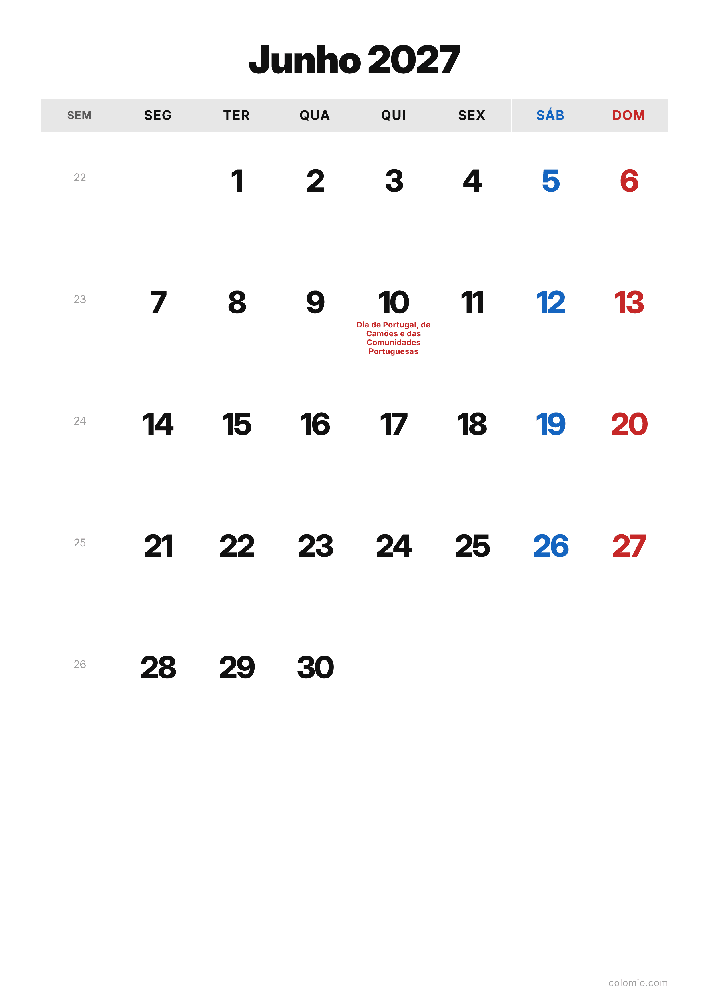 Calendário Junho 2027 clássico · vertical, PDF para imprimir