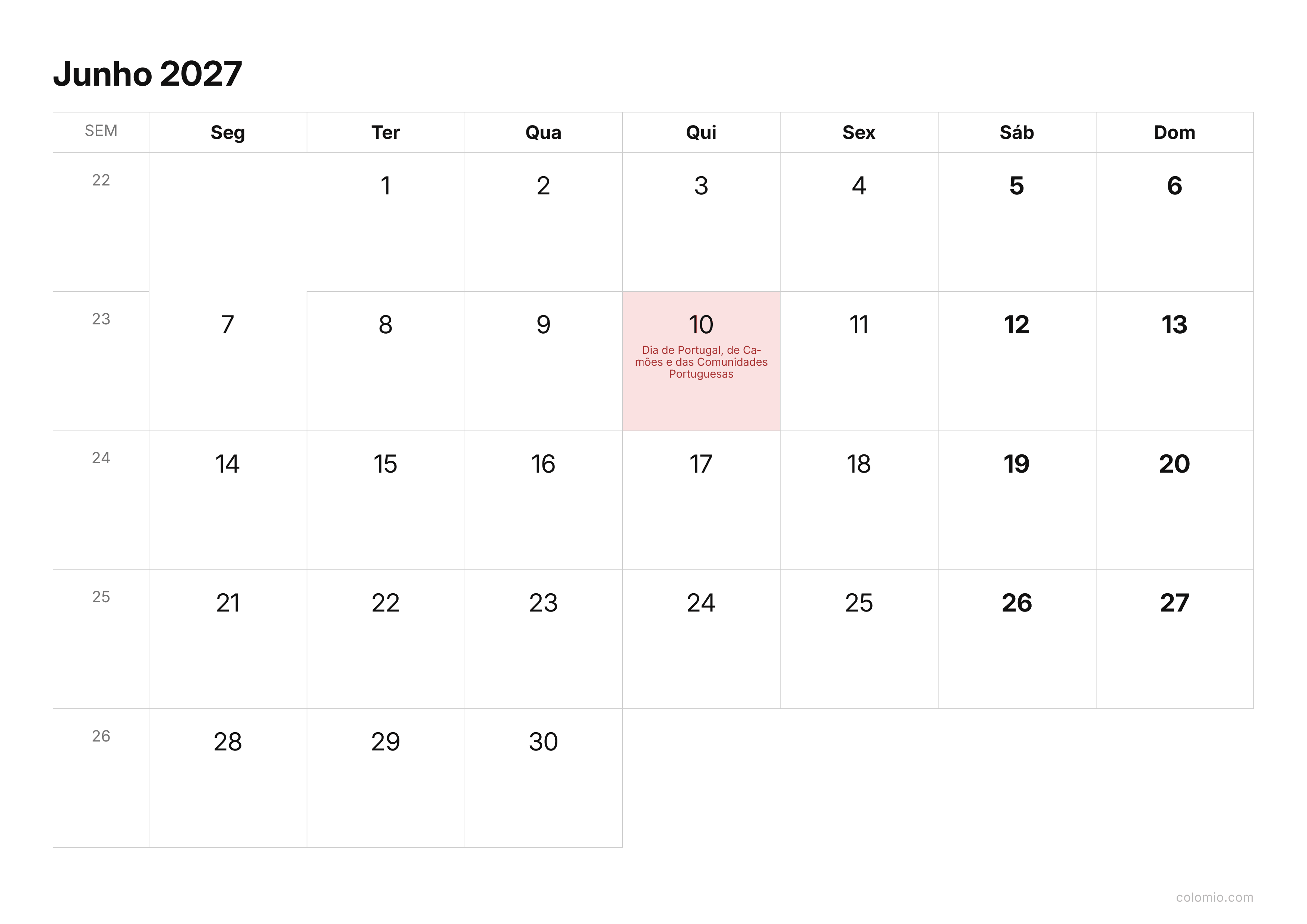 Calendário Junho 2027 compacto · horizontal, PDF para imprimir
